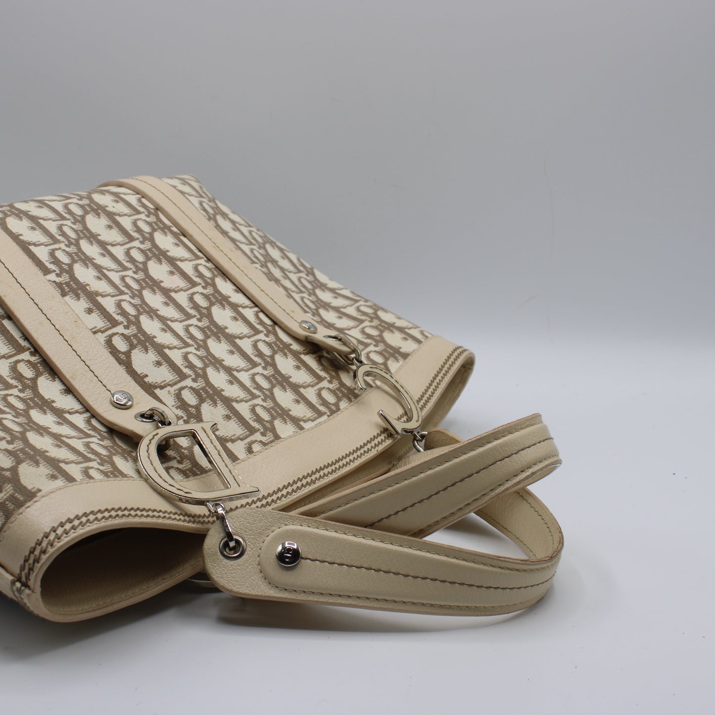 Christian Dior Beige Canvas Embroidered Oblique Floral Tote Bag