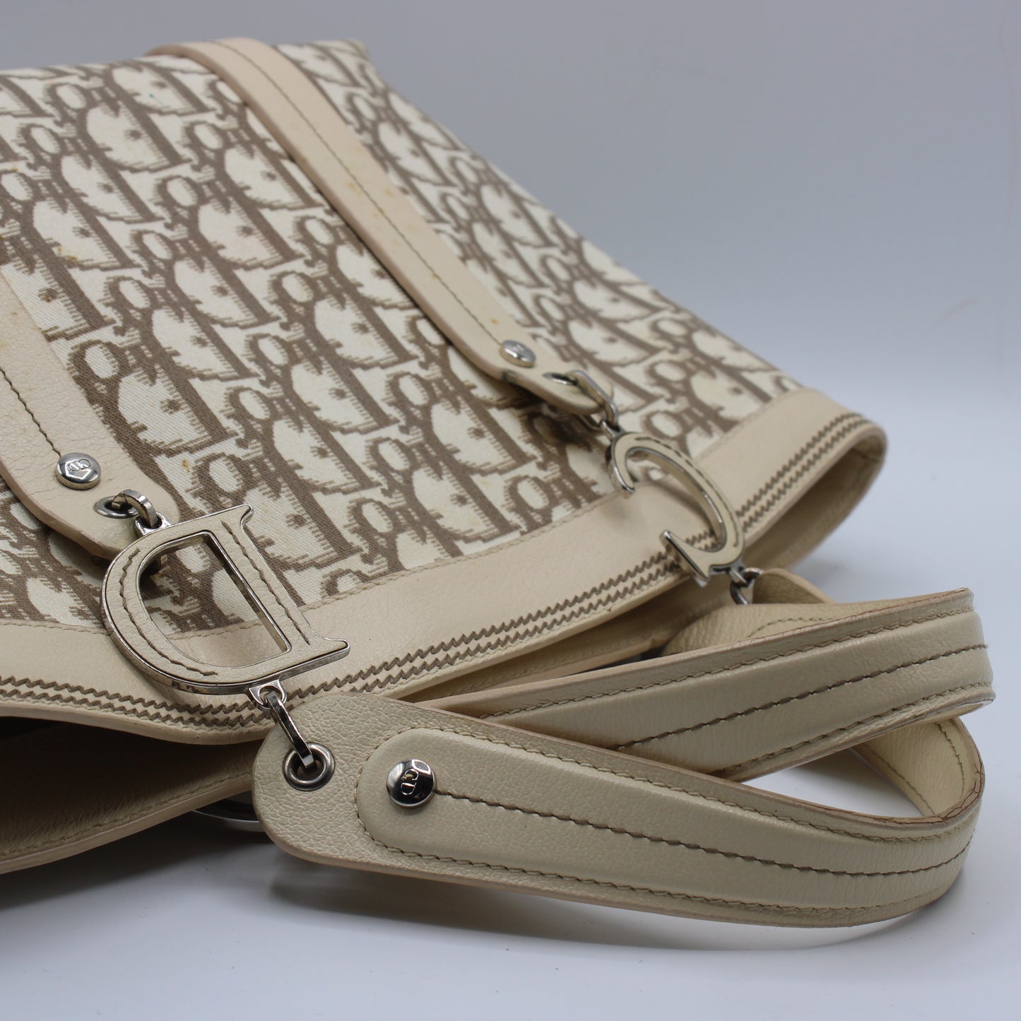 Christian Dior Beige Canvas Embroidered Oblique Floral Tote Bag