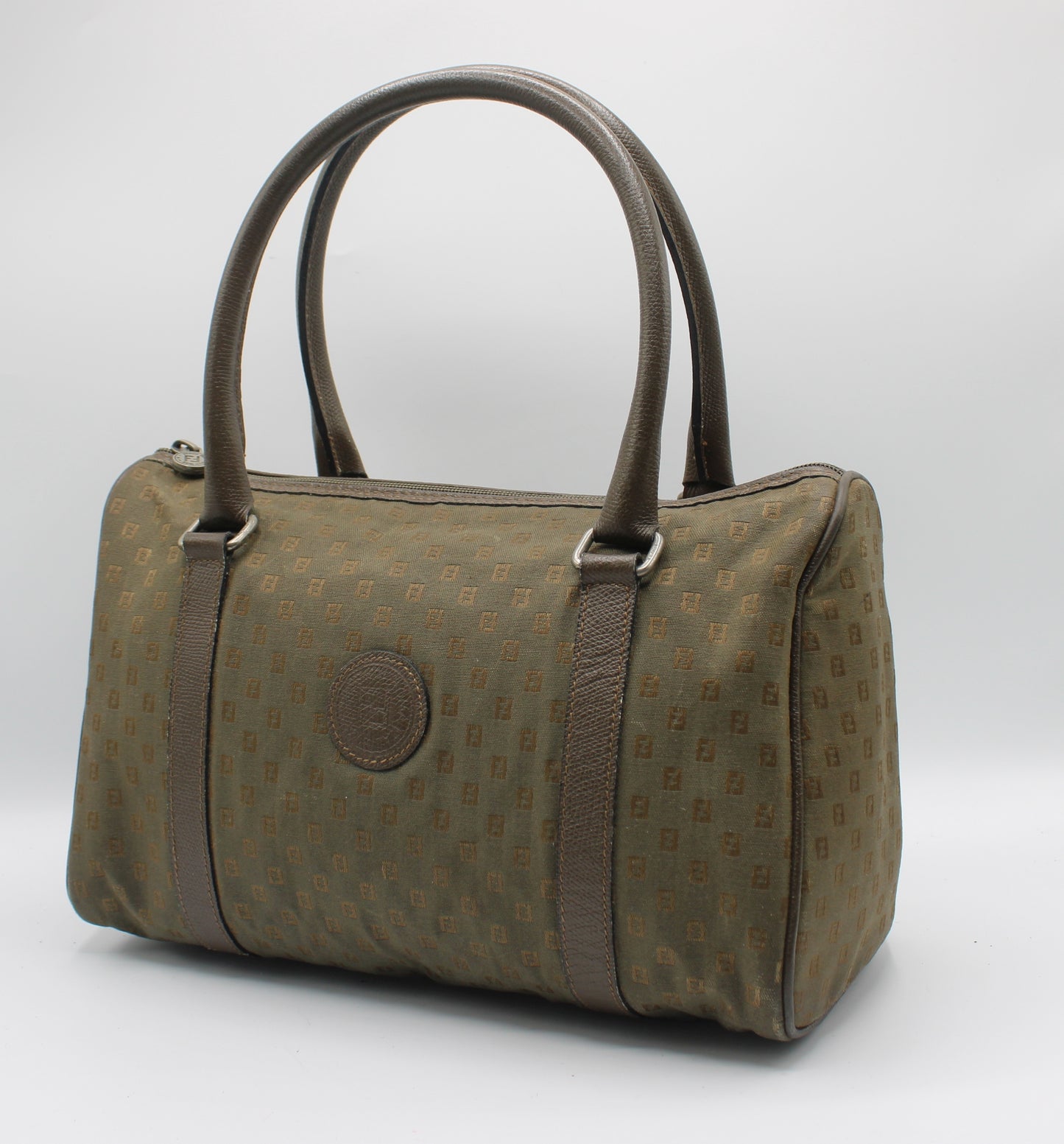 Fendi Khaki Mini Boston Bag Leather Handles Monogram Canvas