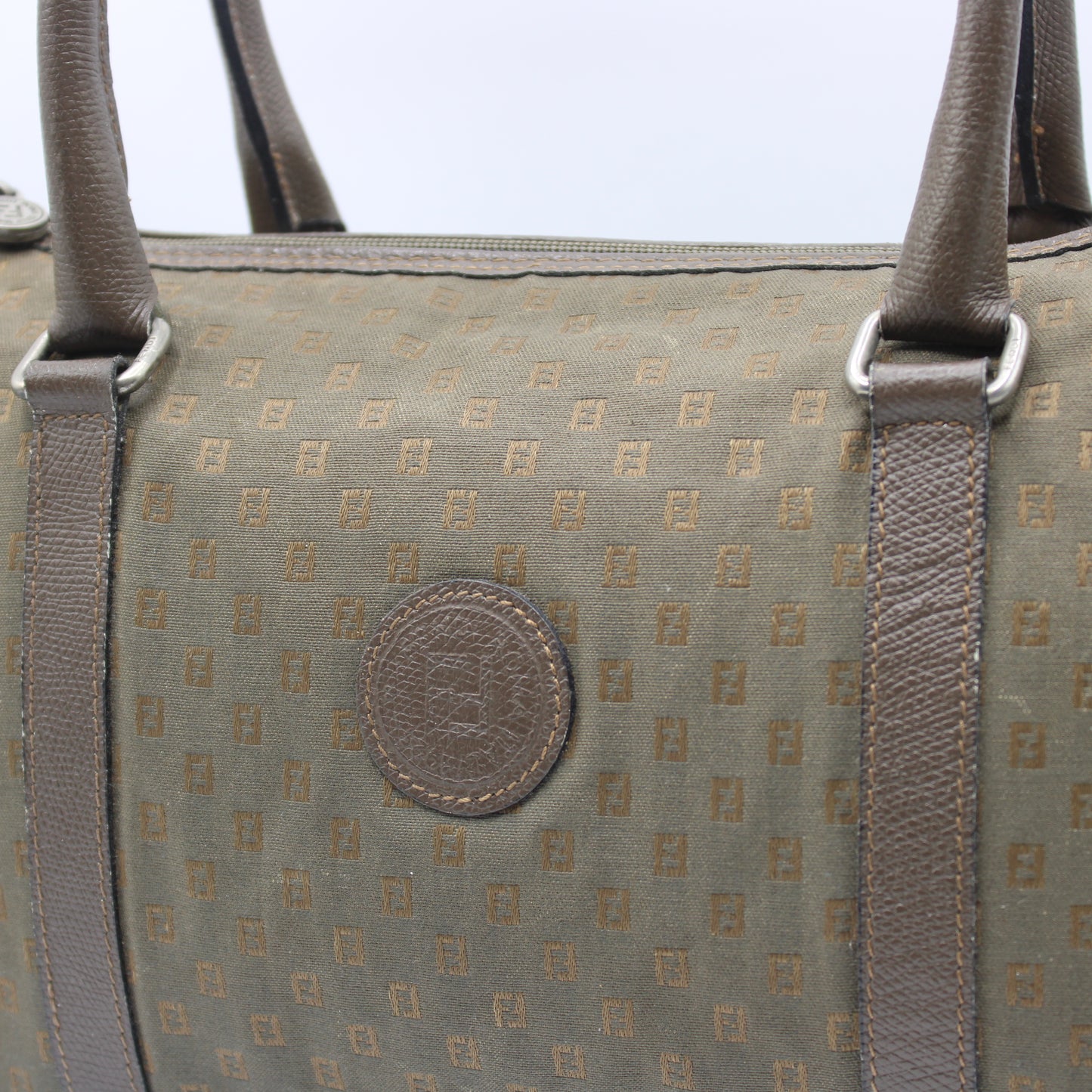 Fendi Khaki Mini Boston Bag Leather Handles Monogram Canvas