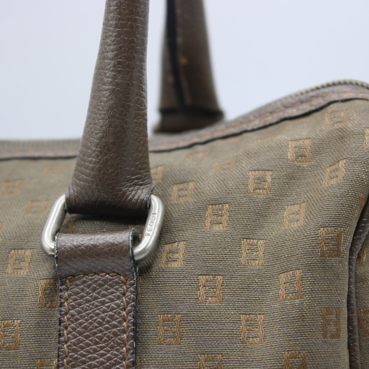 Fendi Khaki Mini Boston Bag Leather Handles Monogram Canvas