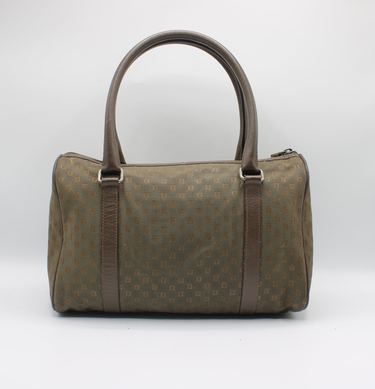 Fendi Khaki Mini Boston Bag Leather Handles Monogram Canvas