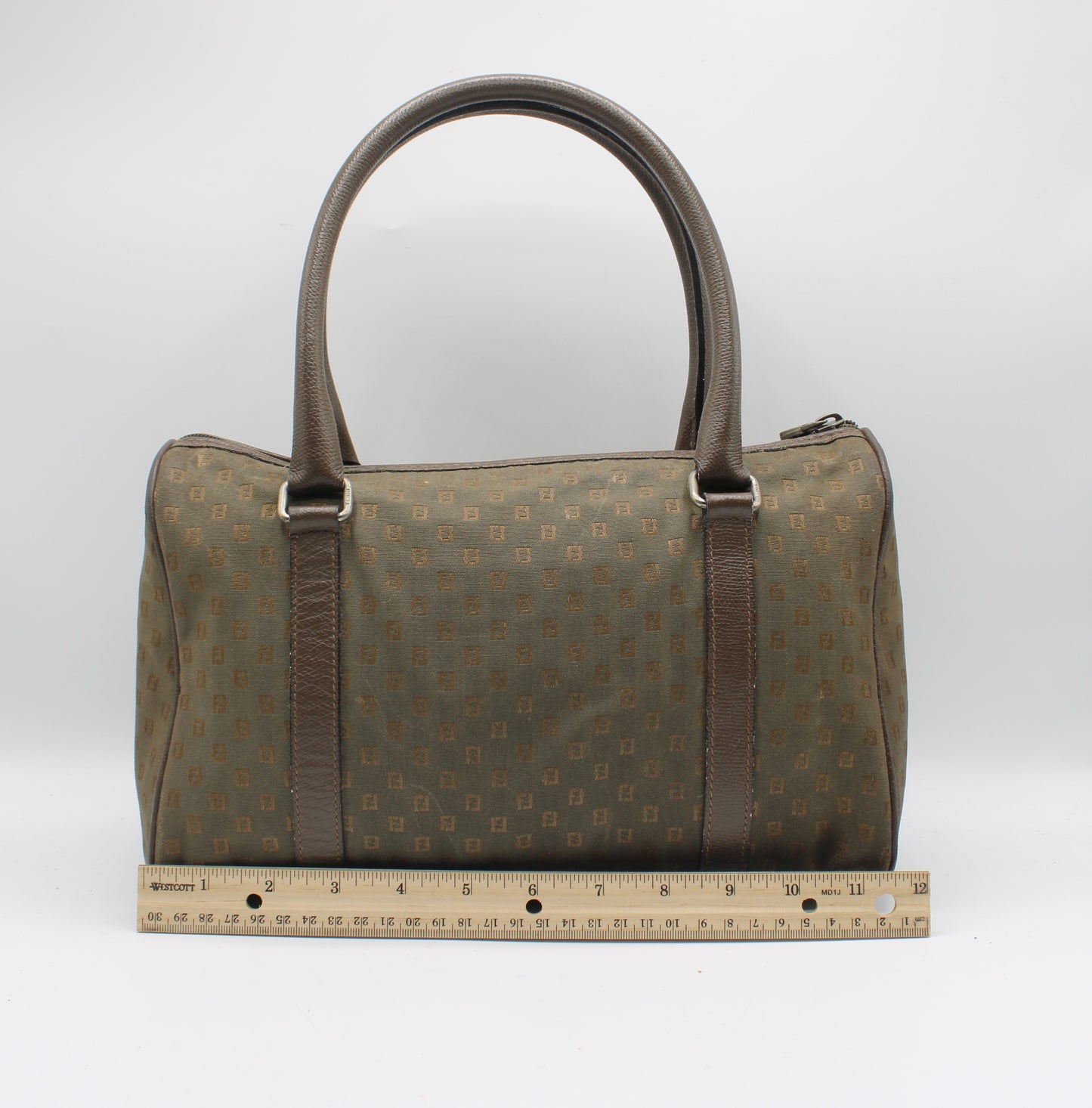 Fendi Khaki Mini Boston Bag Leather Handles Monogram Canvas