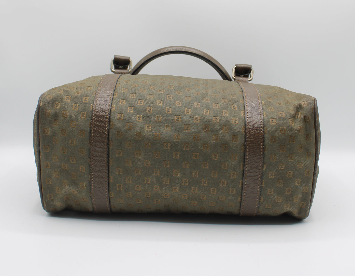 Fendi Khaki Mini Boston Bag Leather Handles Monogram Canvas