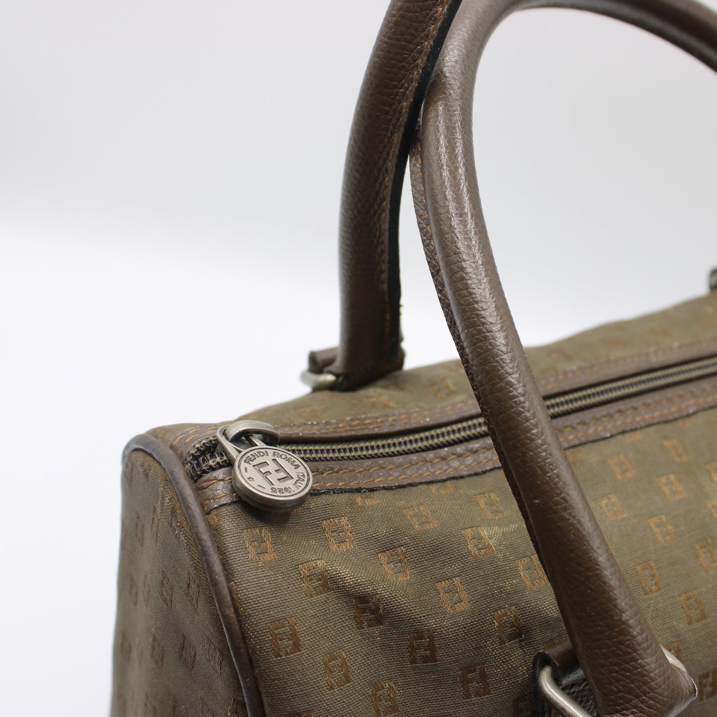 Fendi Khaki Mini Boston Bag Leather Handles Monogram Canvas