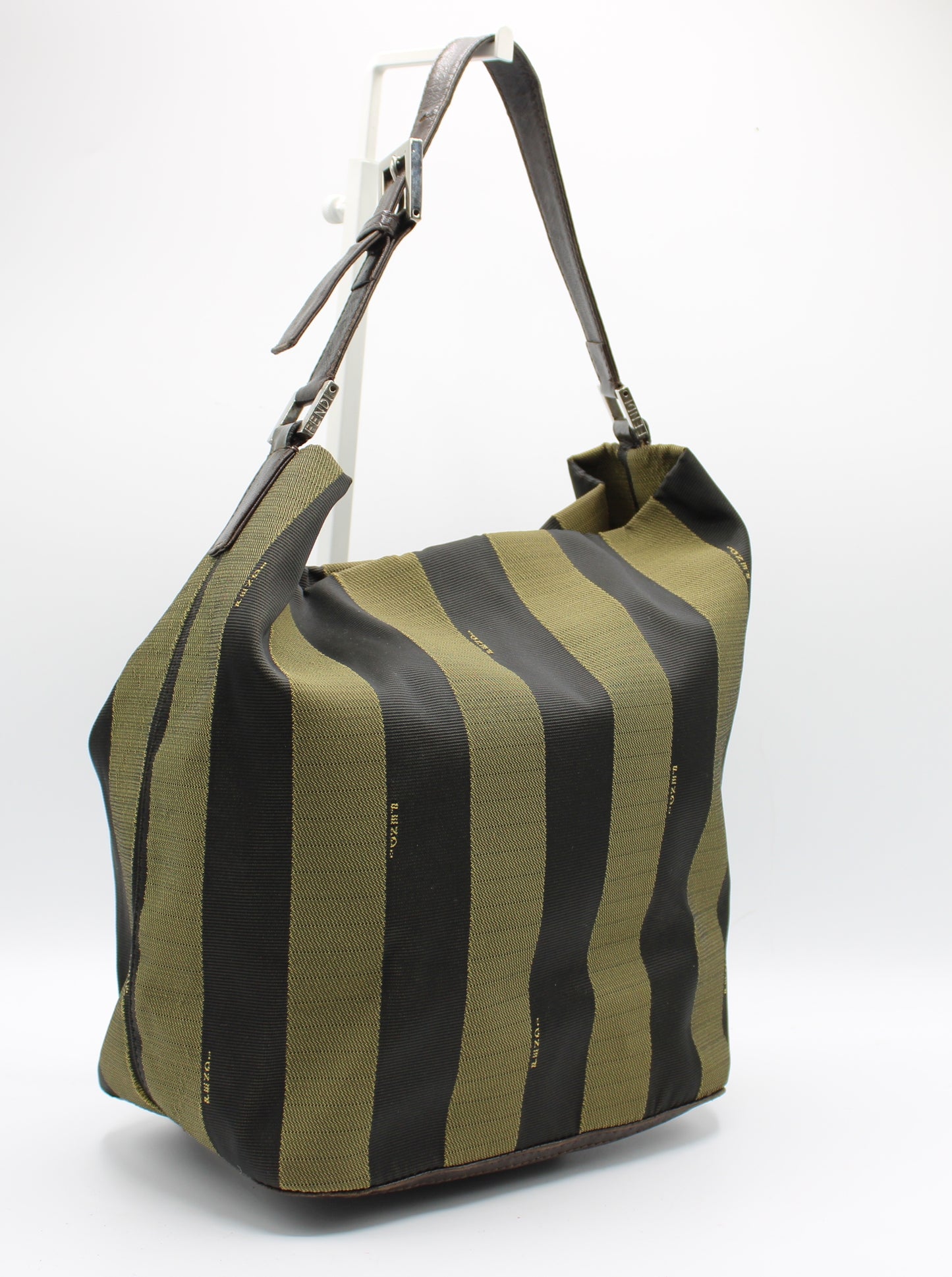 Fendi Brown And Black Pequin Stripe Canvas Leather Hobo Bag