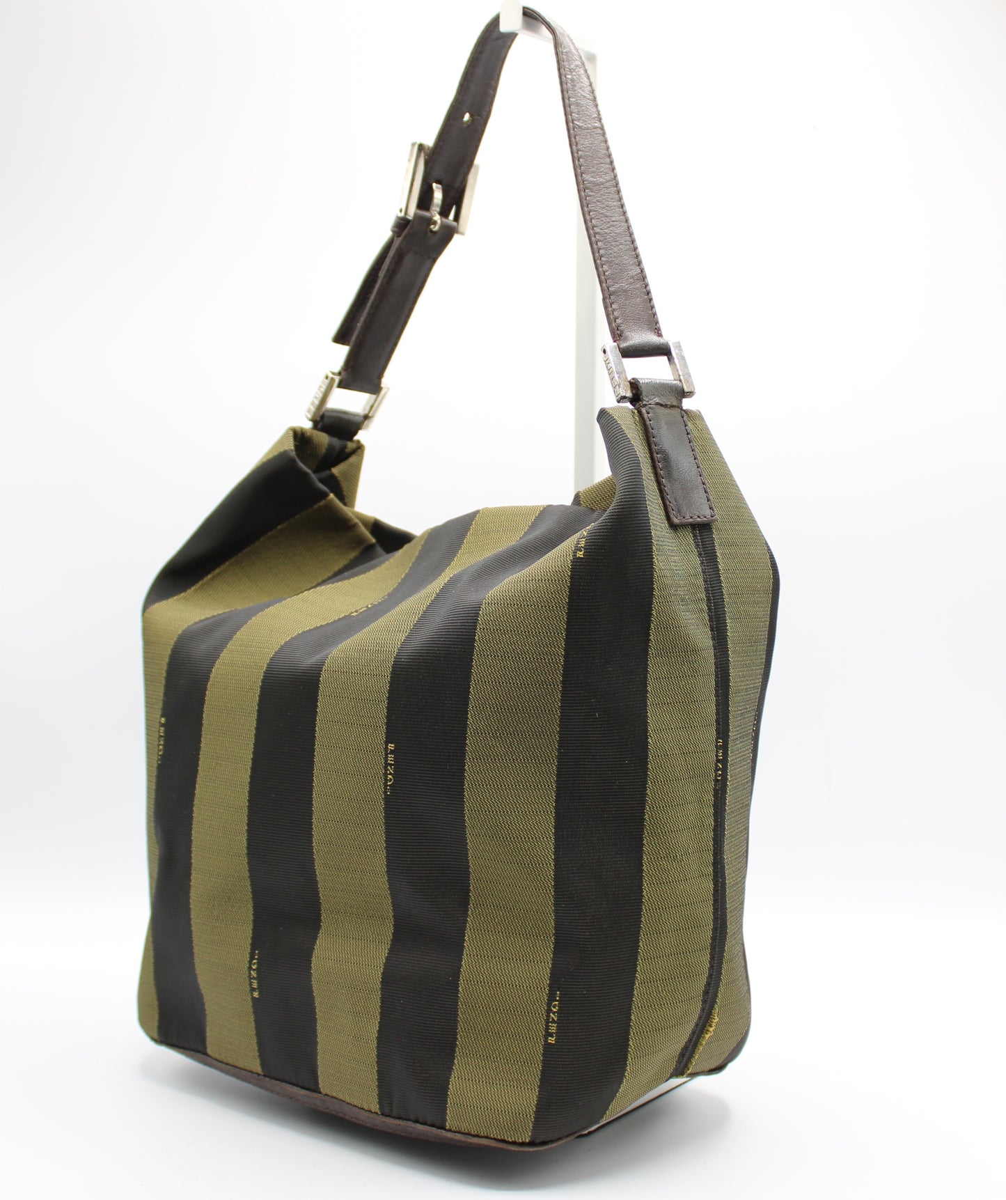 Fendi Brown And Black Pequin Stripe Canvas Leather Hobo Bag