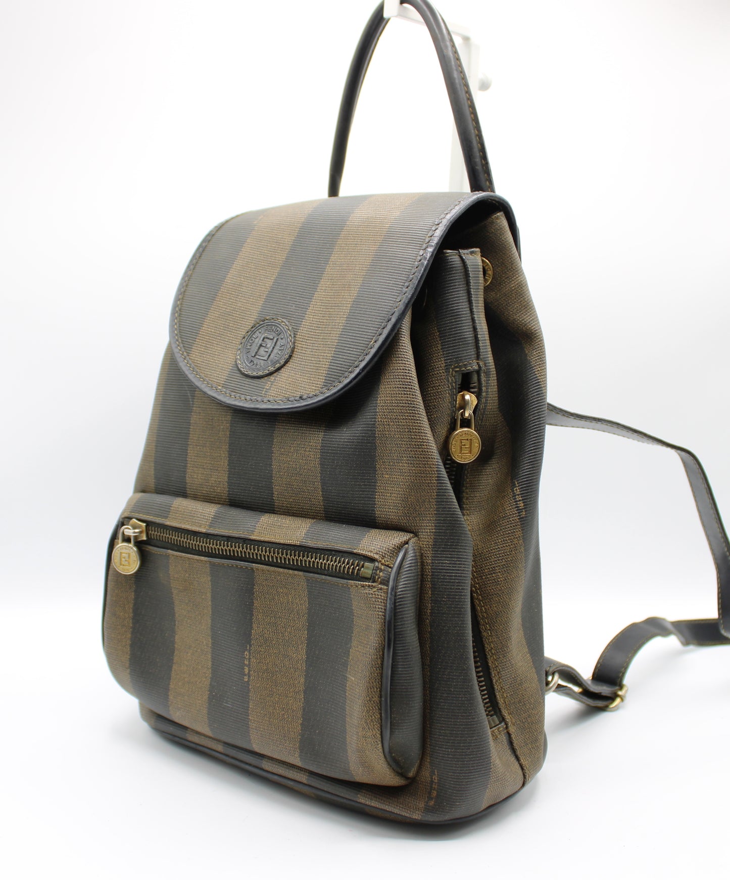 Fendi Brown And Black Pequin Stripe Canvas Leather Backpack