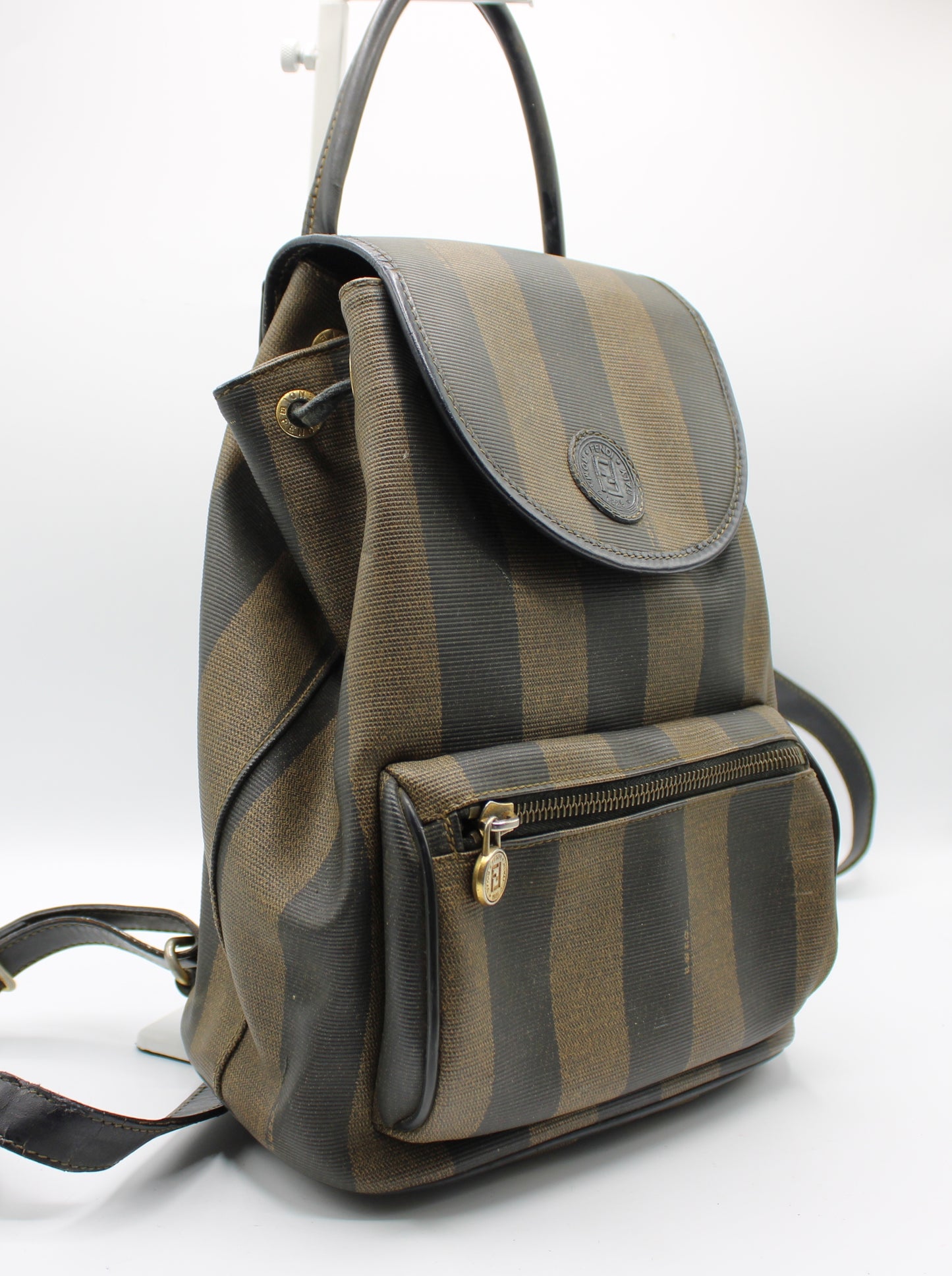 Fendi Brown And Black Pequin Stripe Canvas Leather Backpack