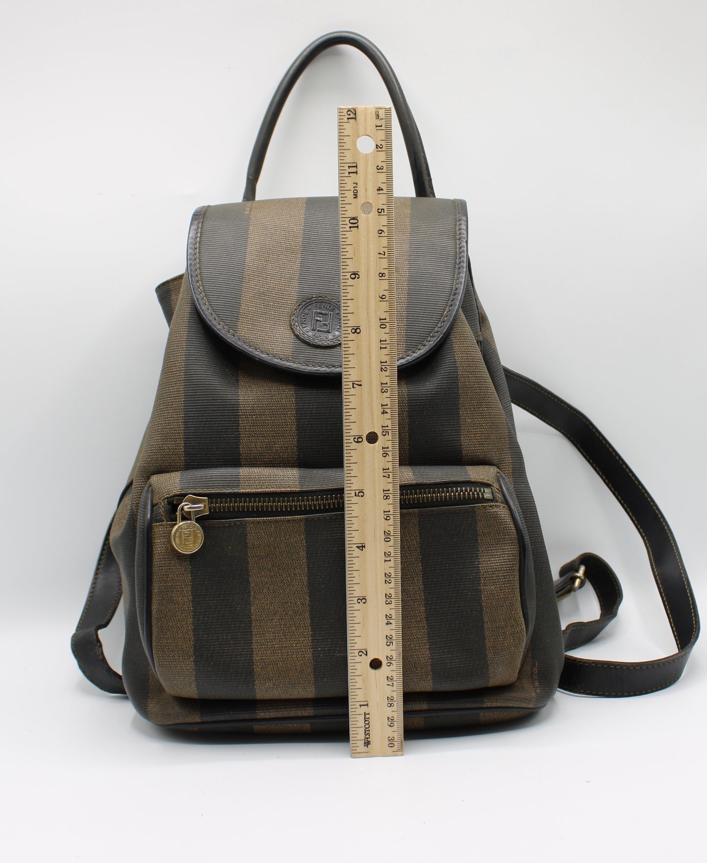Fendi Brown And Black Pequin Stripe Canvas Leather Backpack