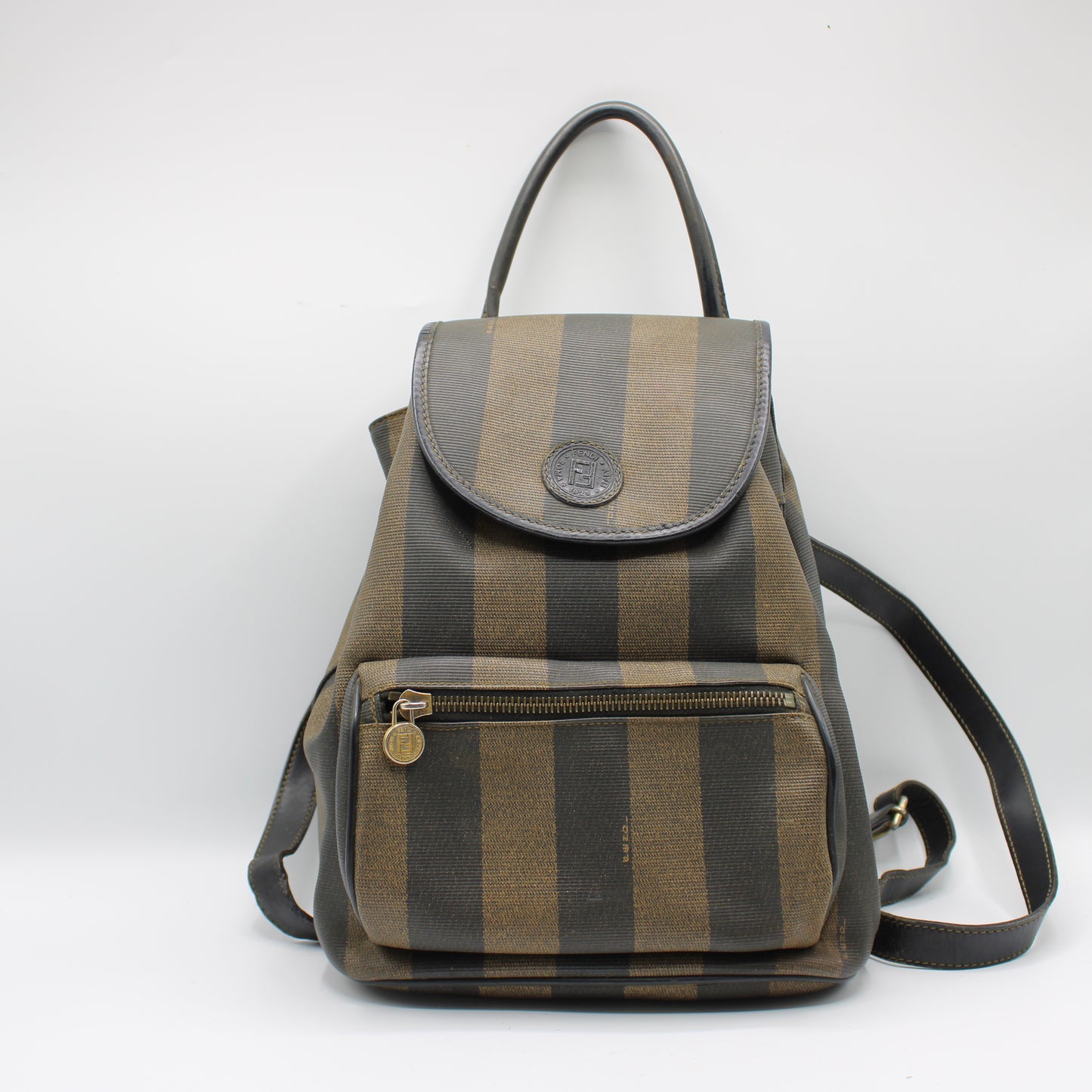 Fendi Brown And Black Pequin Stripe Canvas Leather Backpack