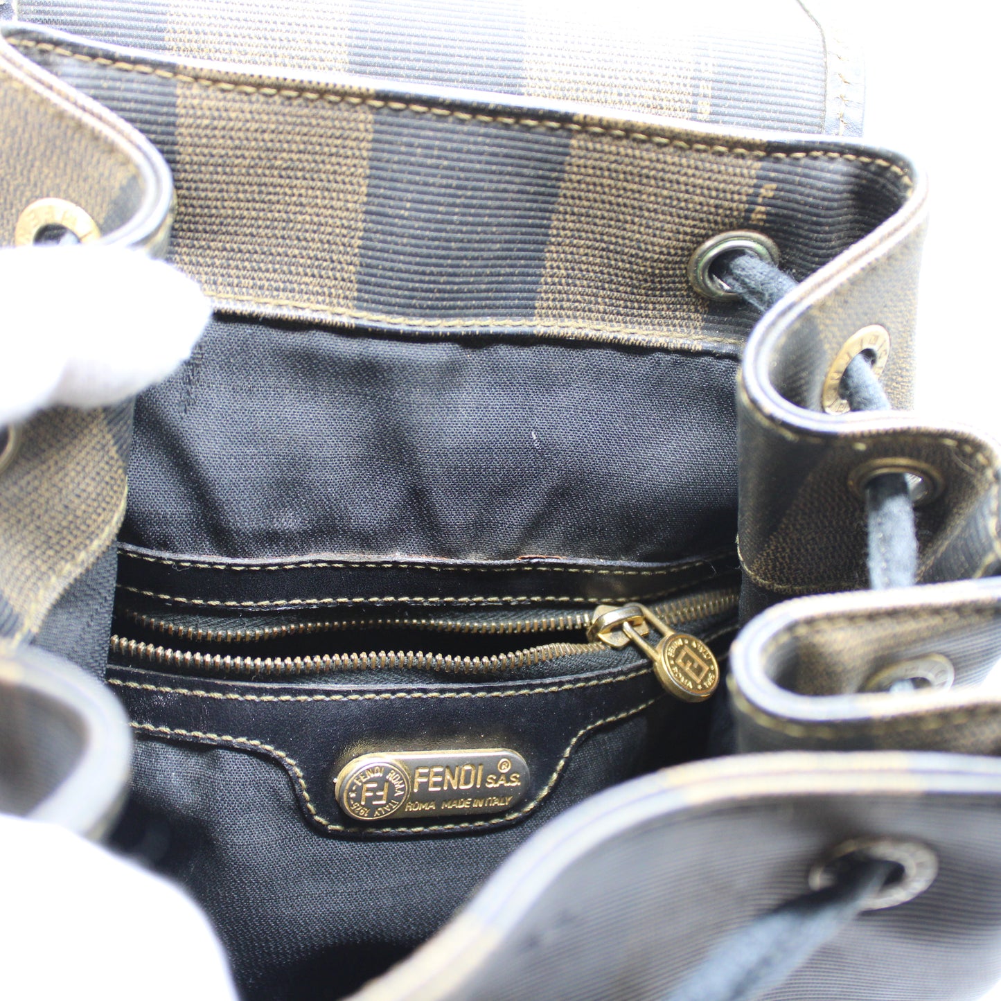 Fendi Brown And Black Pequin Stripe Canvas Leather Backpack