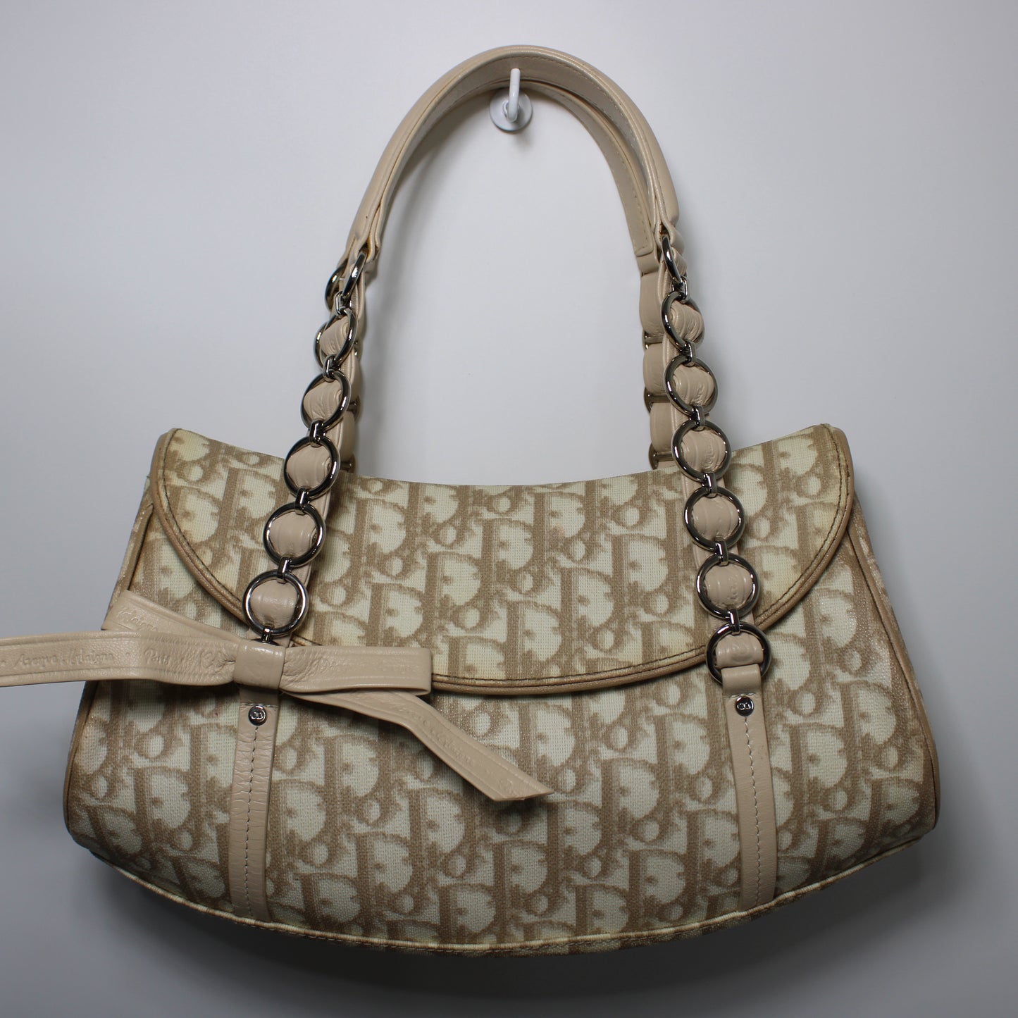 Christian Dior Beige Trotter Canvas Romantique Leather Bow Flap Bag