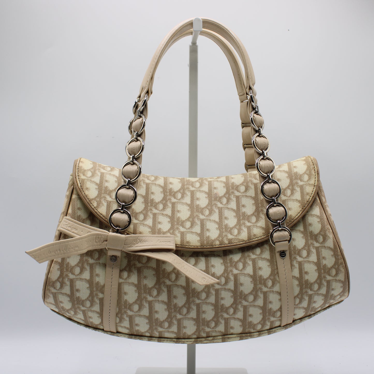 Christian Dior Beige Trotter Canvas Romantique Leather Bow Flap Bag
