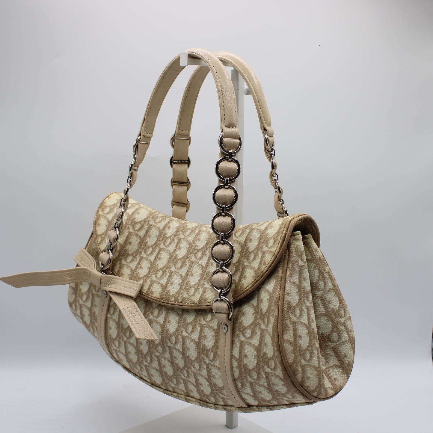 Christian Dior Beige Trotter Canvas Romantique Leather Bow Flap Bag