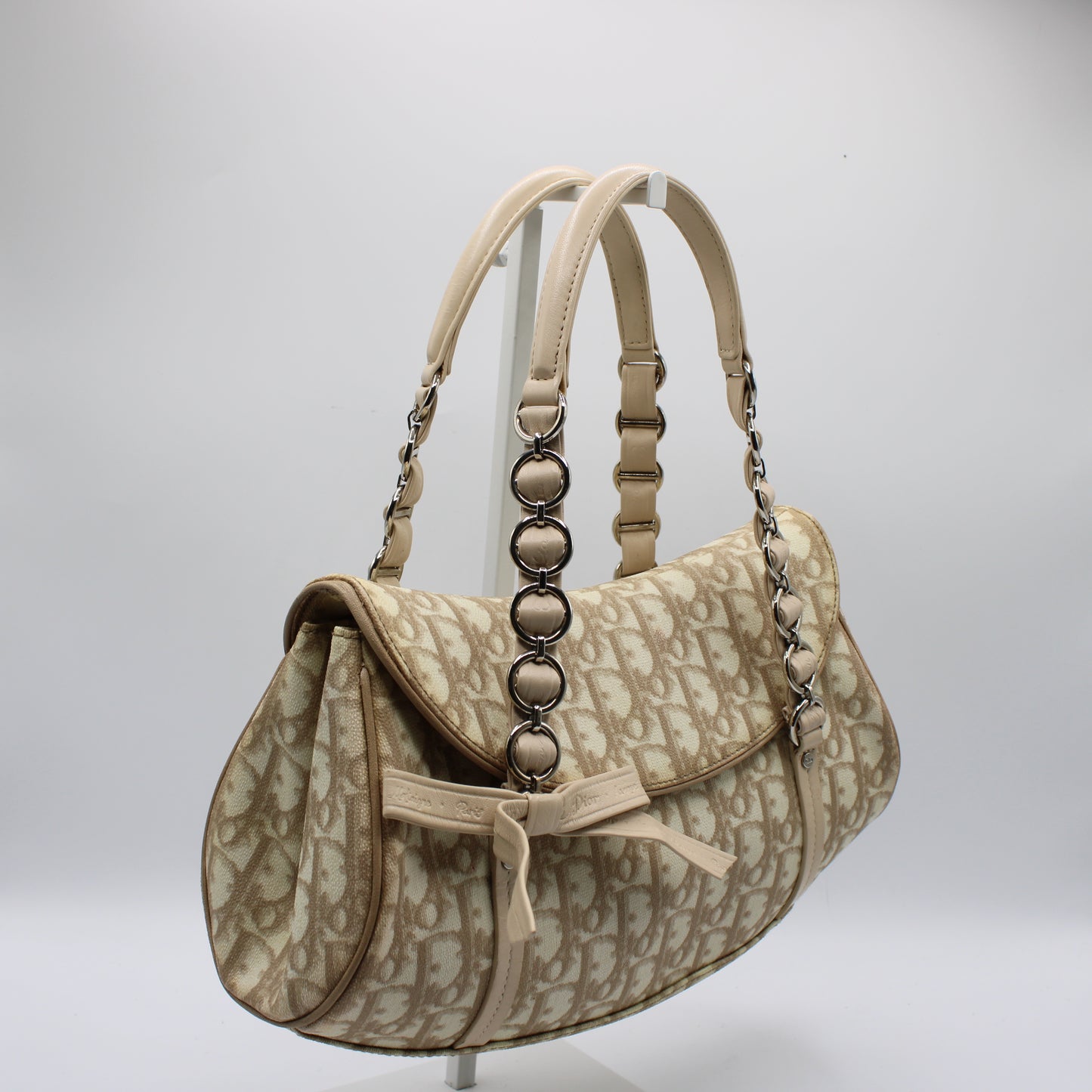Christian Dior Beige Trotter Canvas Romantique Leather Bow Flap Bag
