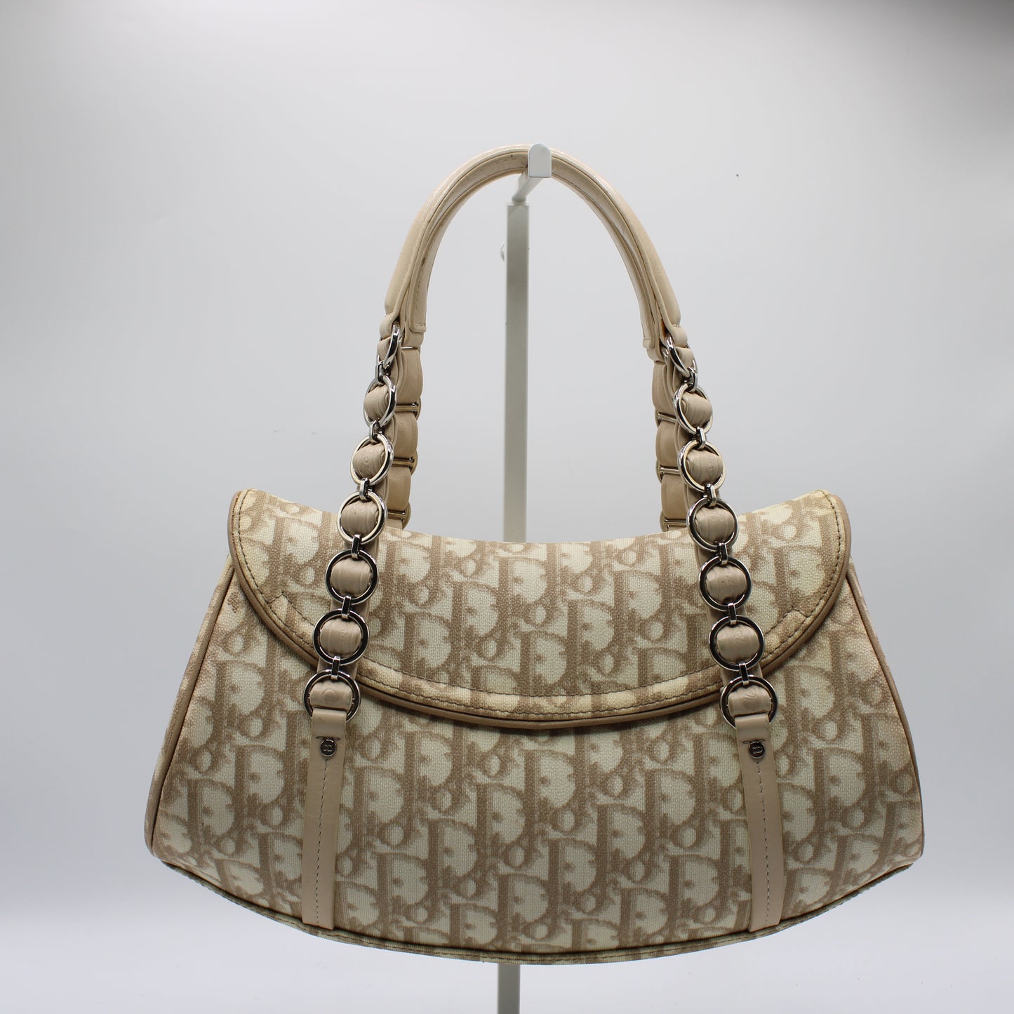 Christian Dior Beige Trotter Canvas Romantique Leather Bow Flap Bag
