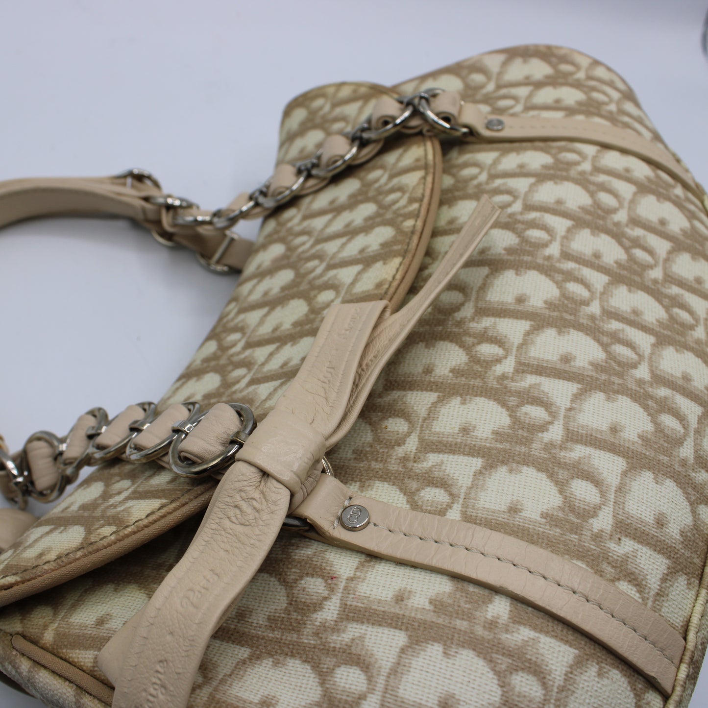 Christian Dior Beige Trotter Canvas Romantique Leather Bow Flap Bag