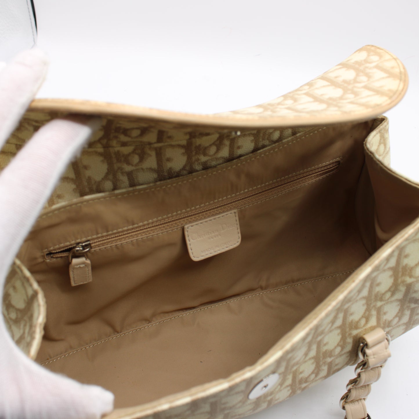 Christian Dior Beige Trotter Canvas Romantique Leather Bow Flap Bag