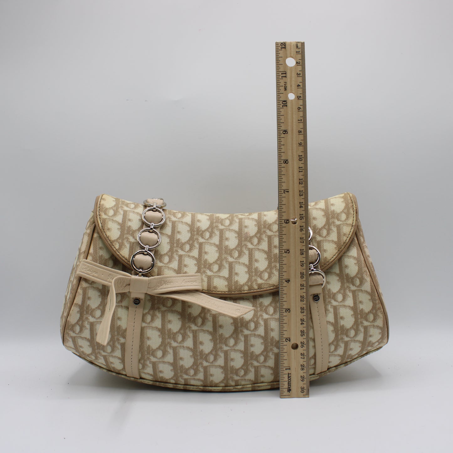 Christian Dior Beige Trotter Canvas Romantique Leather Bow Flap Bag
