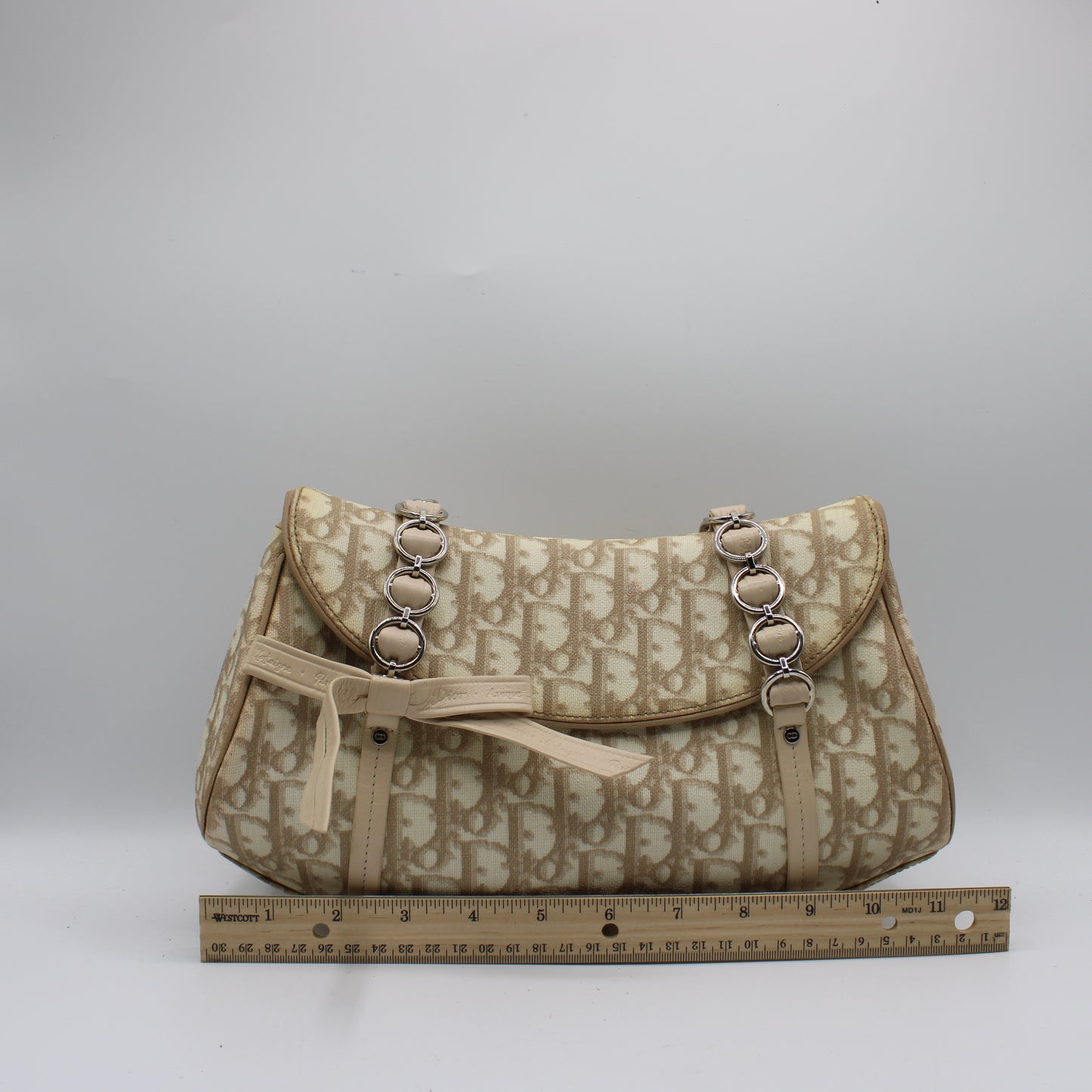Christian Dior Beige Trotter Canvas Romantique Leather Bow Flap Bag