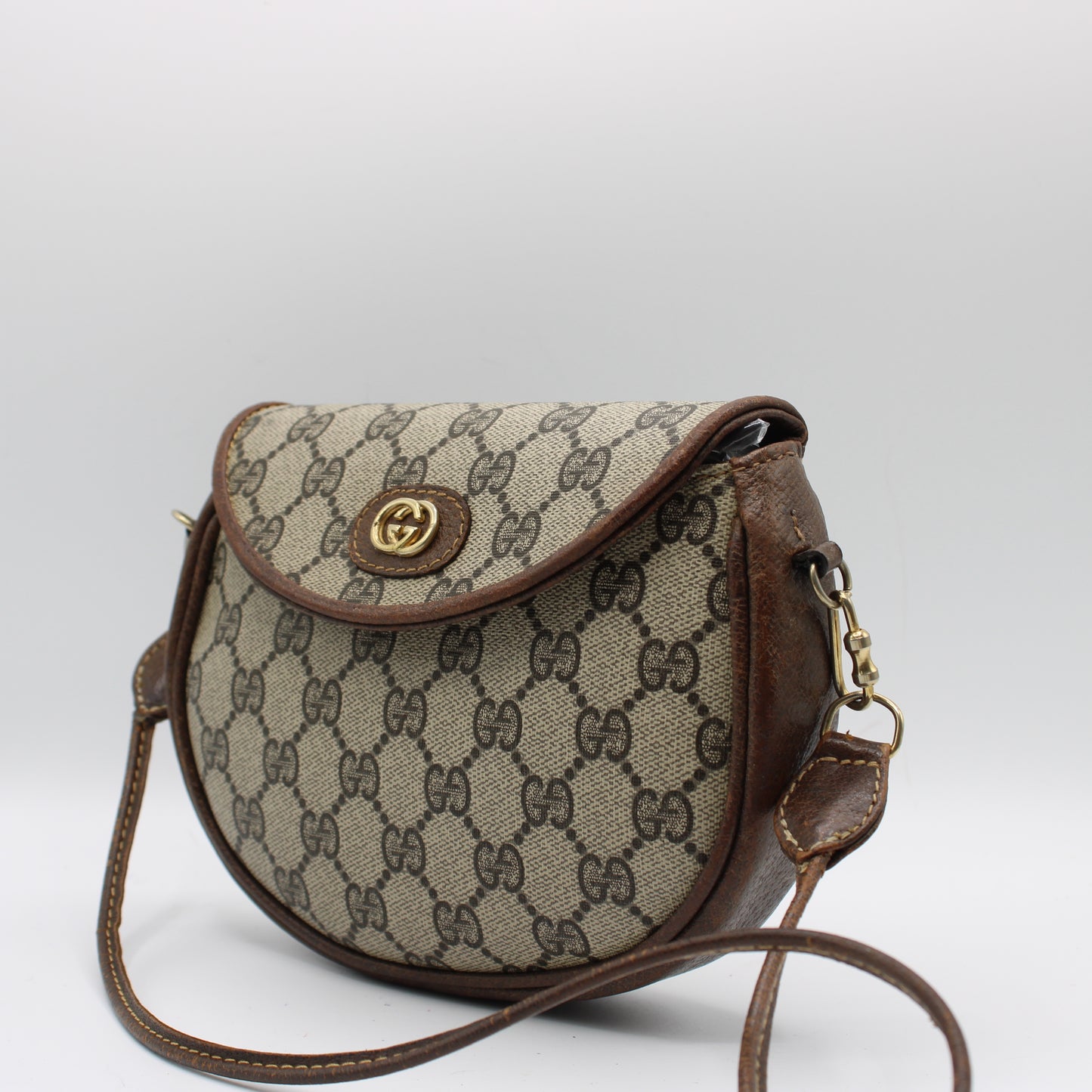 Gucci Beige GG Canvas Brown Leather Flap Crossbody Bag