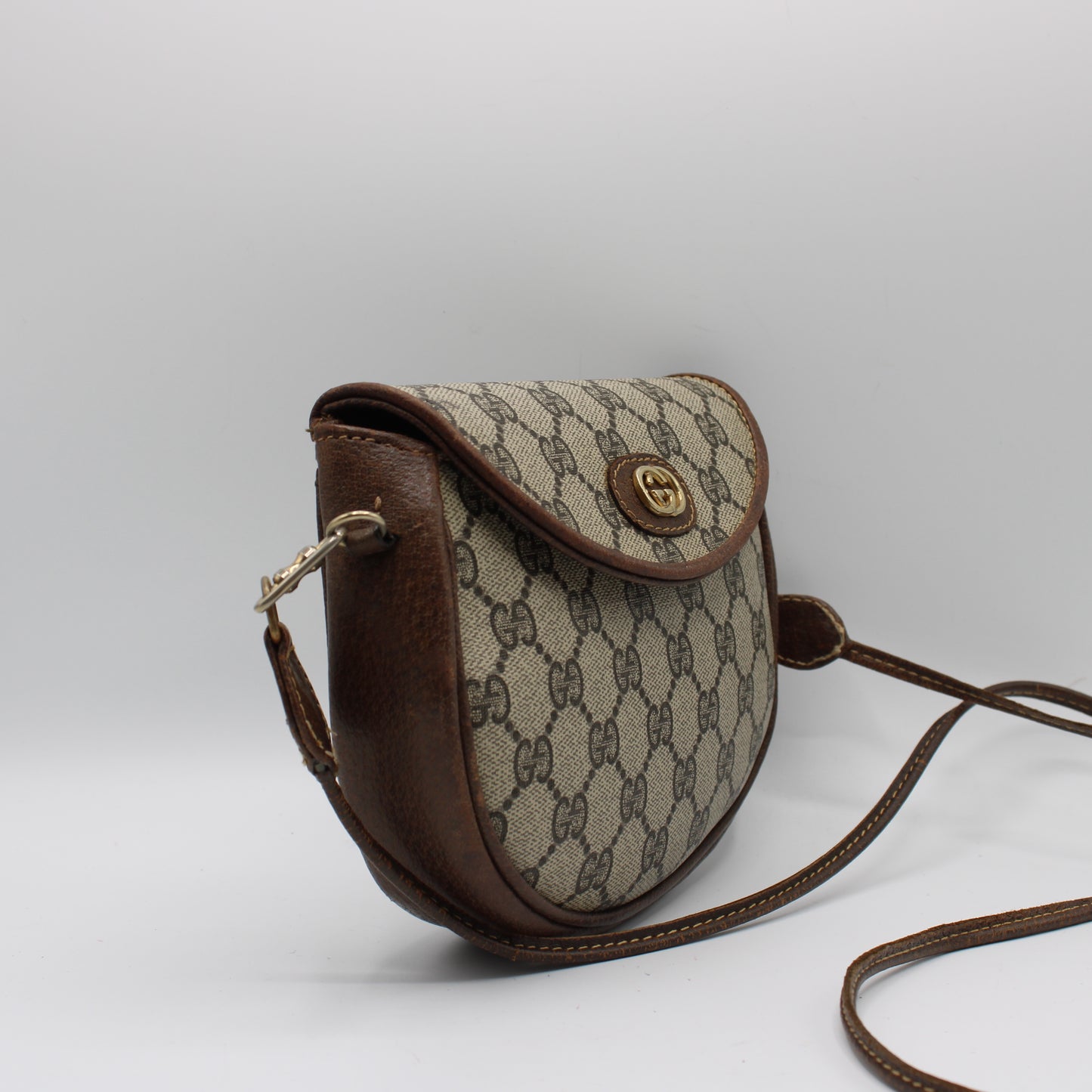 Gucci Beige GG Canvas Brown Leather Flap Crossbody Bag
