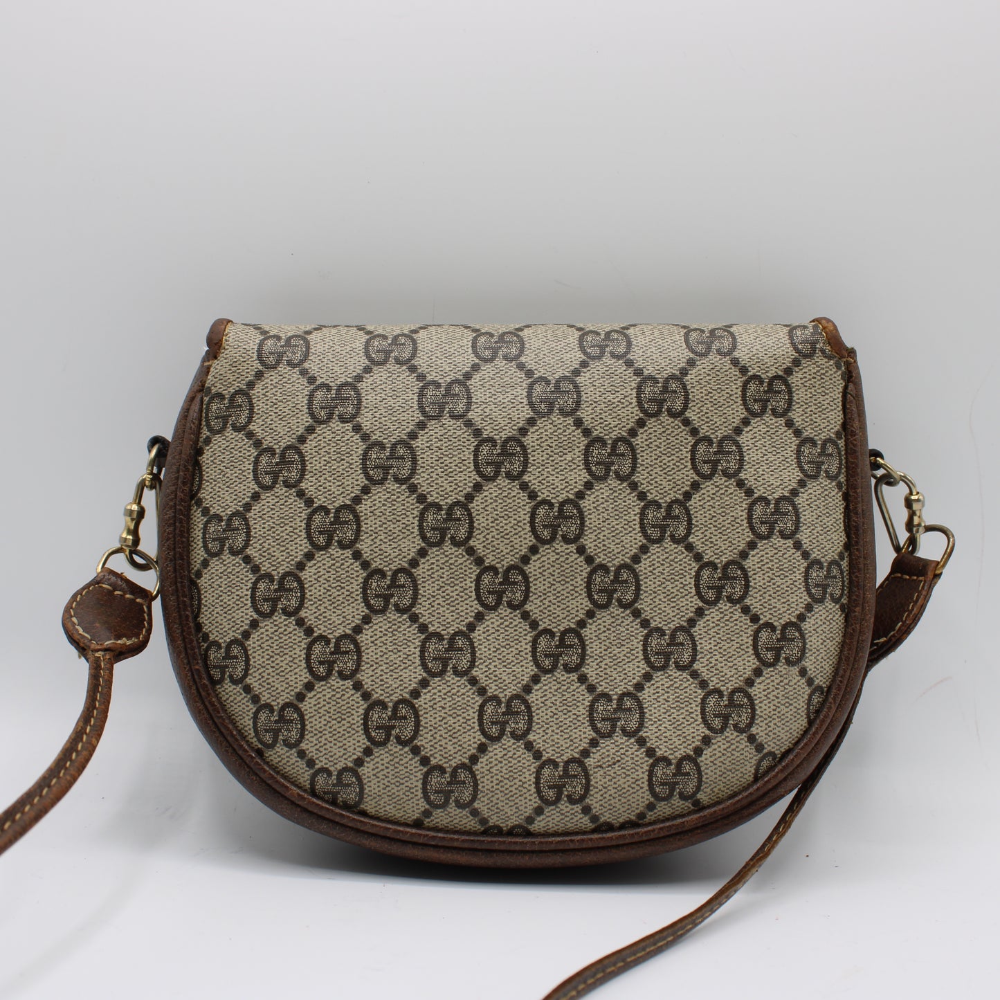 Gucci Beige GG Canvas Brown Leather Flap Crossbody Bag