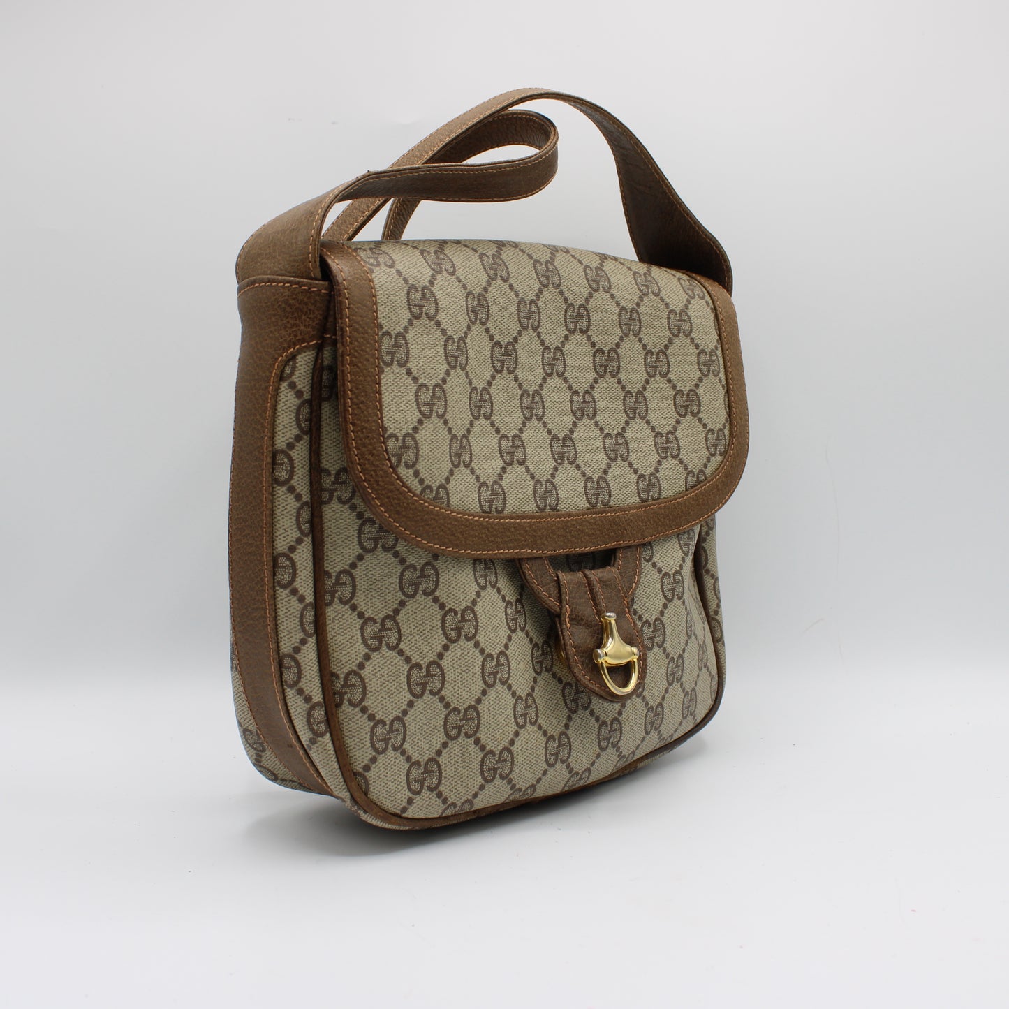 Gucci Beige Brown Gg Canvas Leather Flap Shoulder Bag
