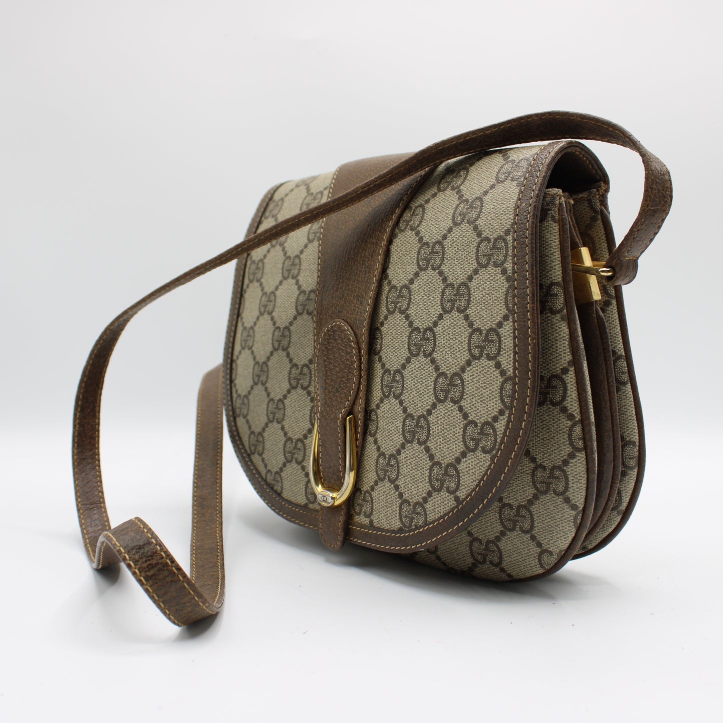 Gucci Brown GG Canvas Leather Horsebit Flap Crossbody Bag