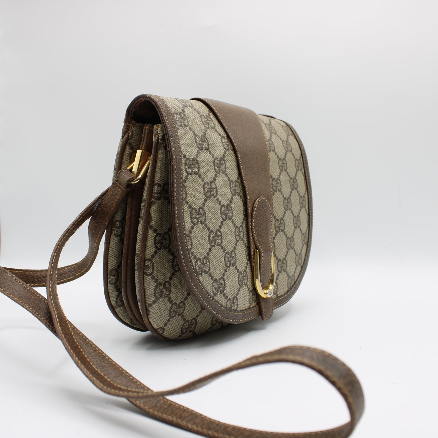 Gucci Brown GG Canvas Leather Horsebit Flap Crossbody Bag