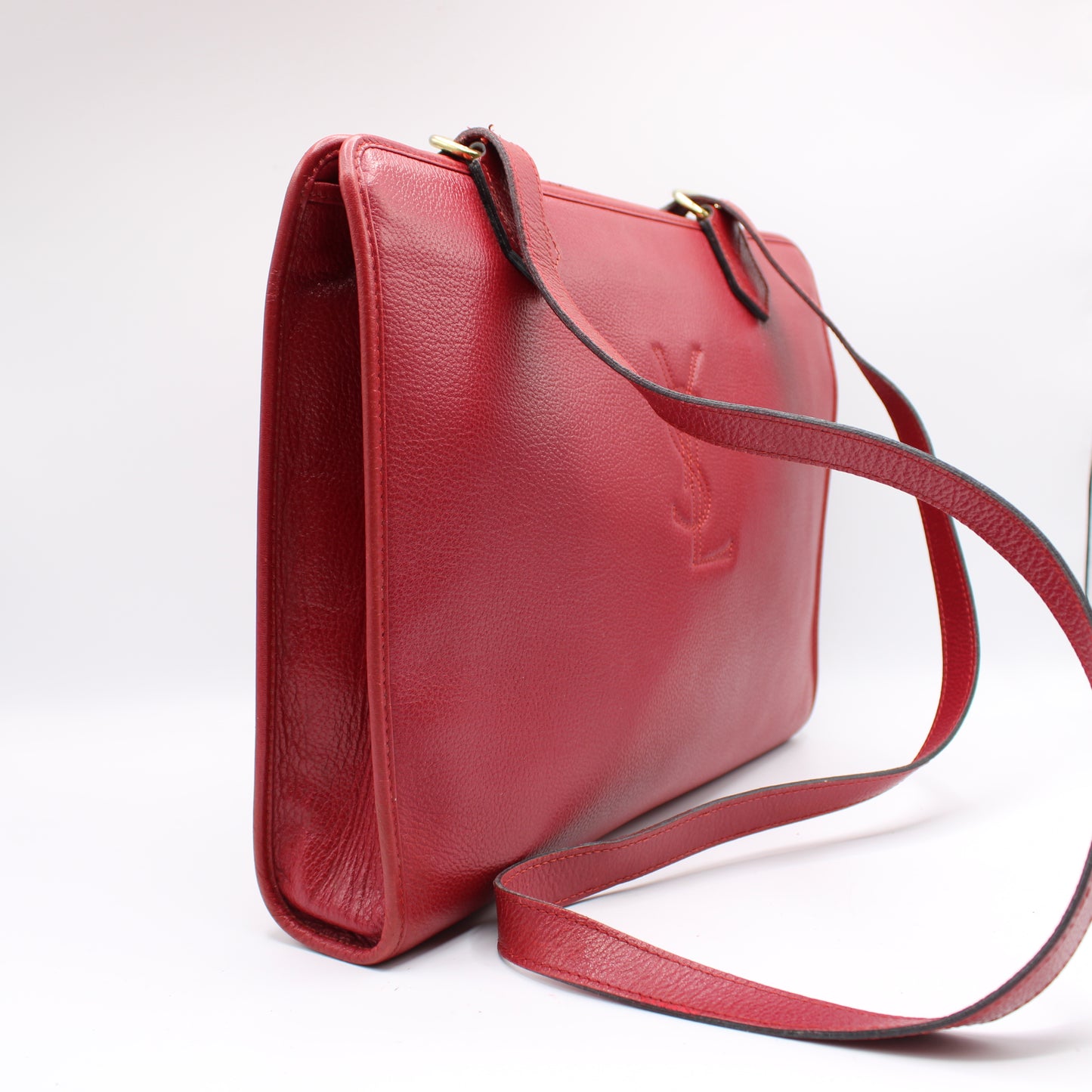 Yves Saint Laurent Red Leather Embossed Logo Shoulder Bag