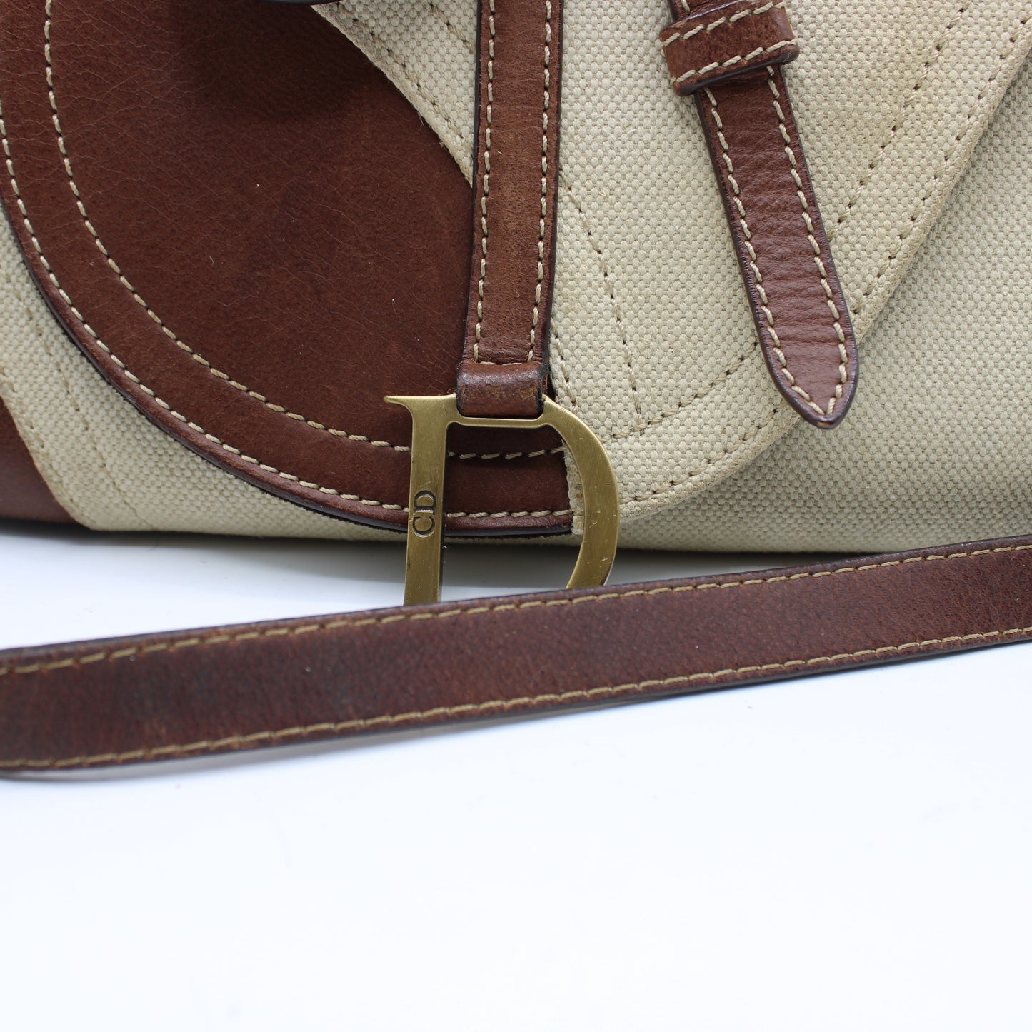 Christian Dior Beige Brown Canvas Leather Double Saddle Bag