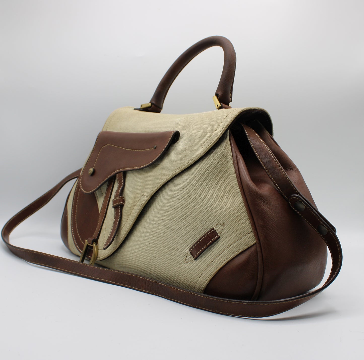 Christian Dior Beige Brown Canvas Leather Double Saddle Bag