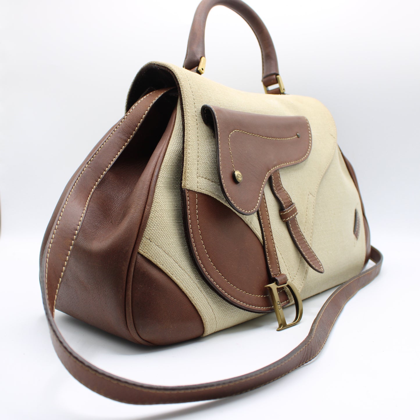 Christian Dior Beige Brown Canvas Leather Double Saddle Bag