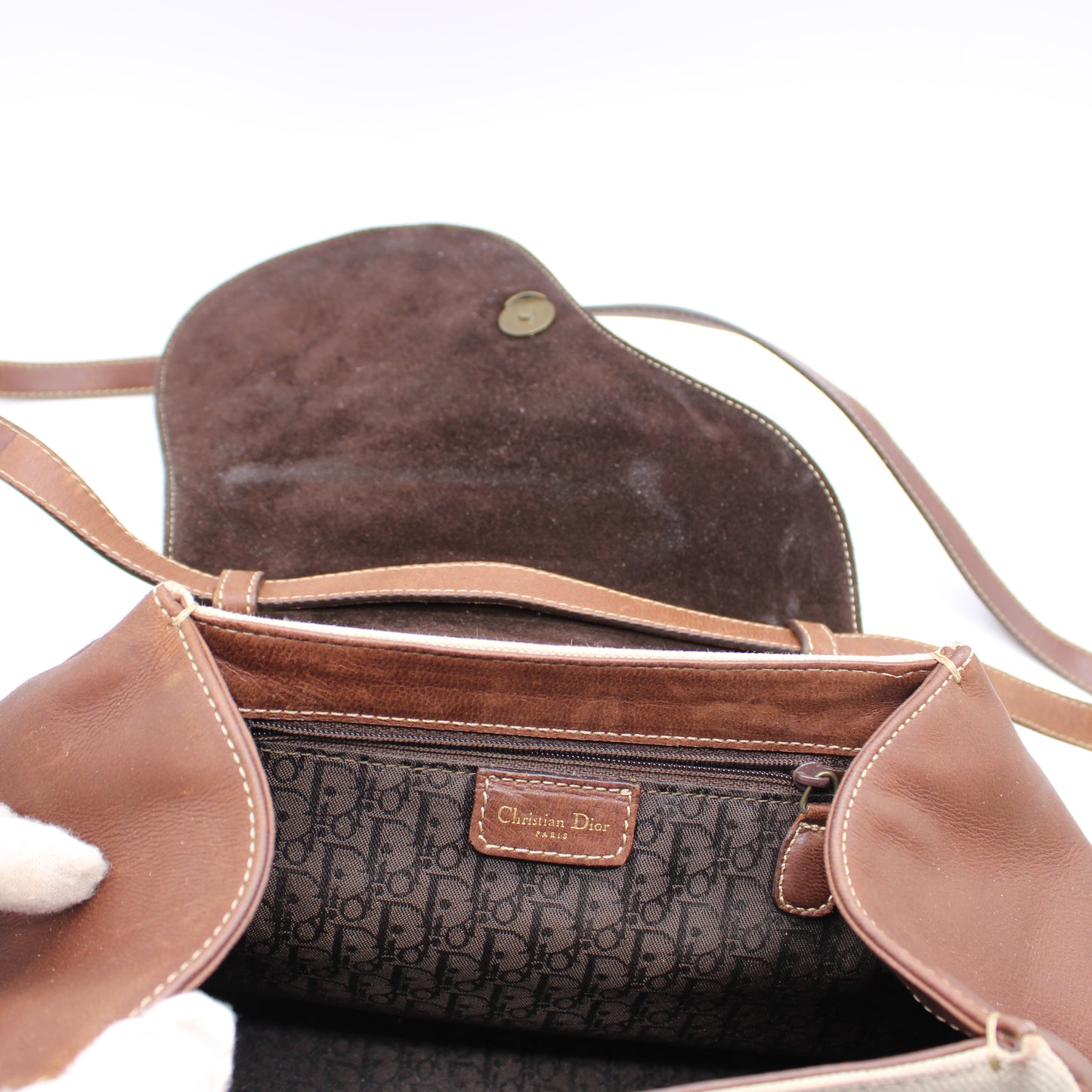 Christian Dior Beige Brown Canvas Leather Double Saddle Bag