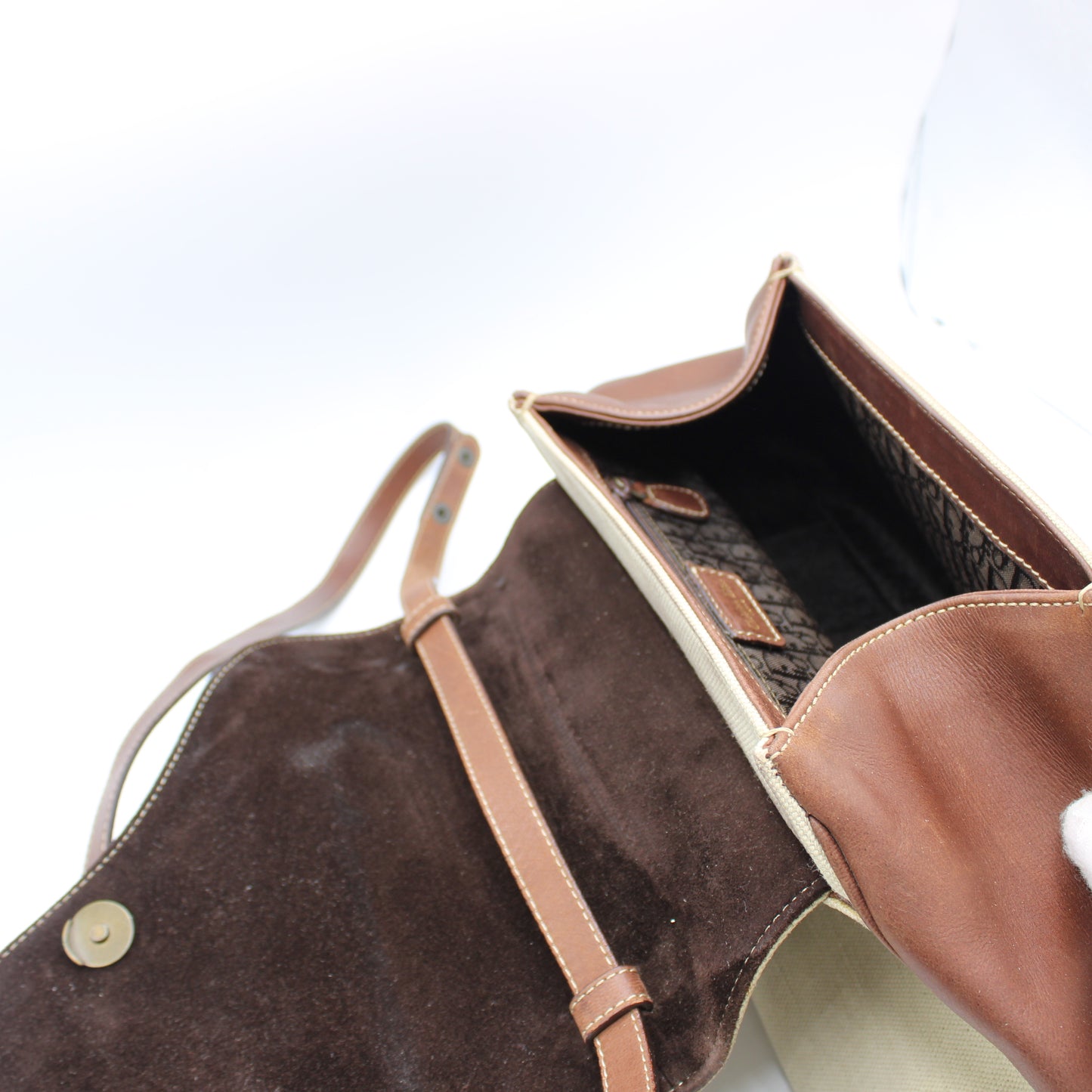 Christian Dior Beige Brown Canvas Leather Double Saddle Bag