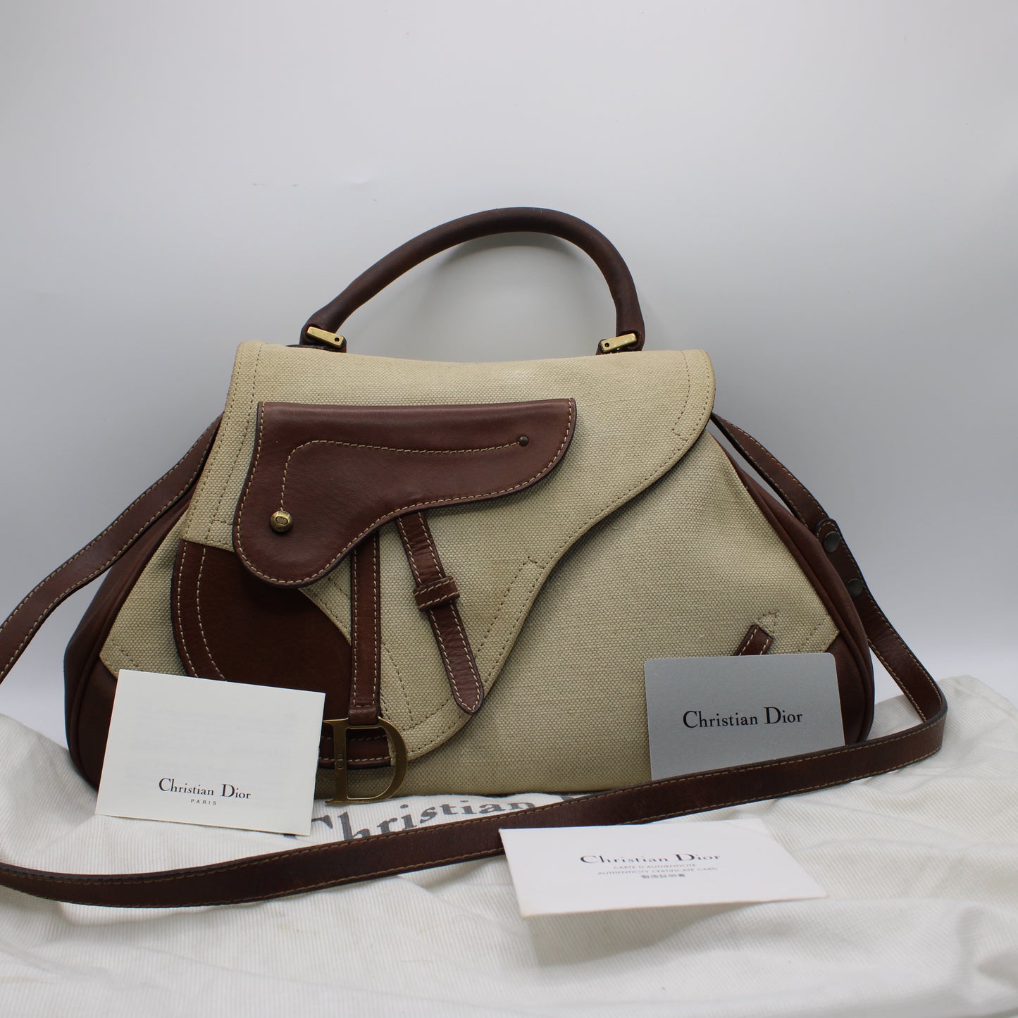 Christian Dior Beige Brown Canvas Leather Double Saddle Bag