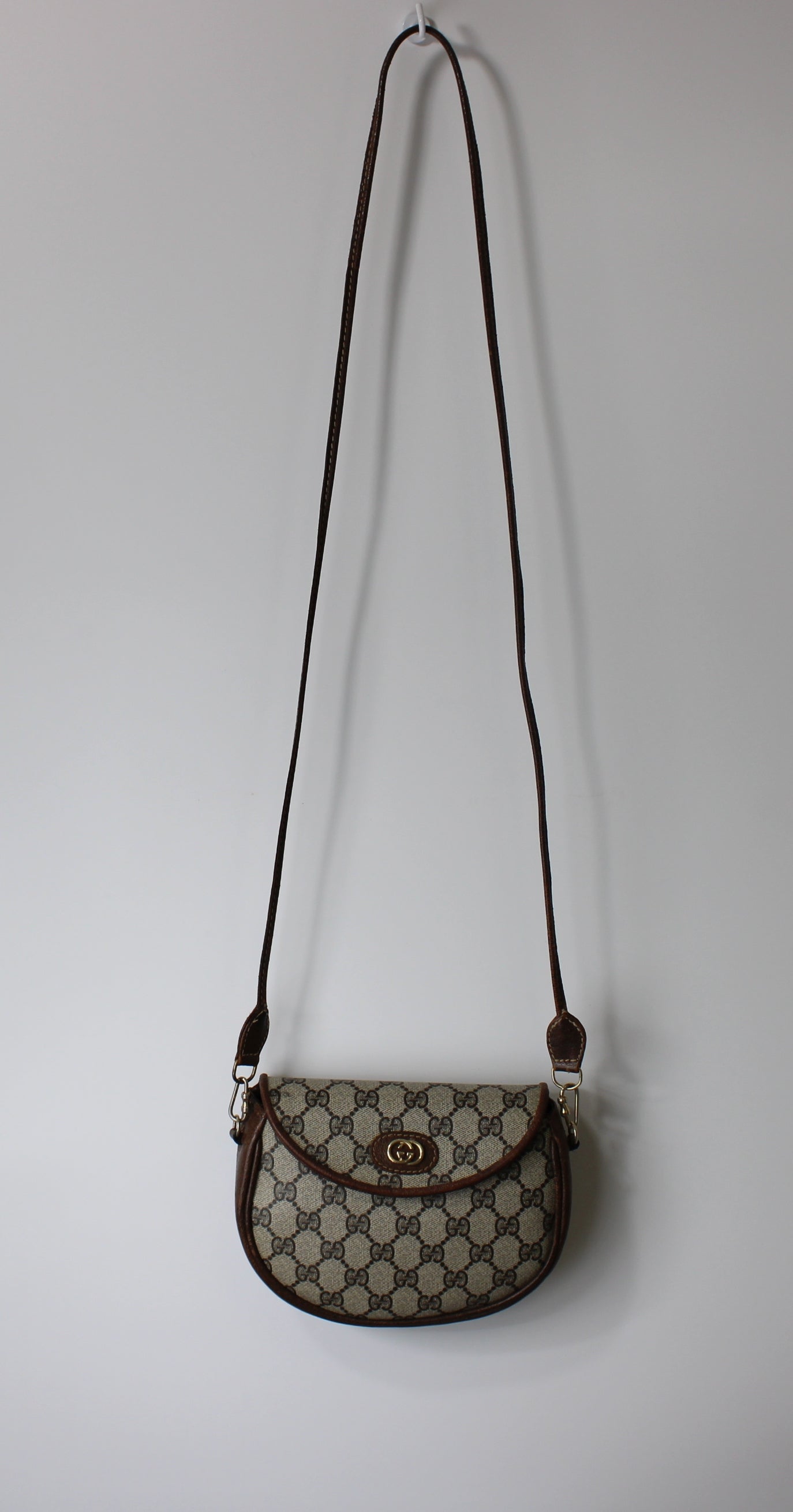 Gucci Beige GG Canvas Brown Leather Flap Crossbody Bag
