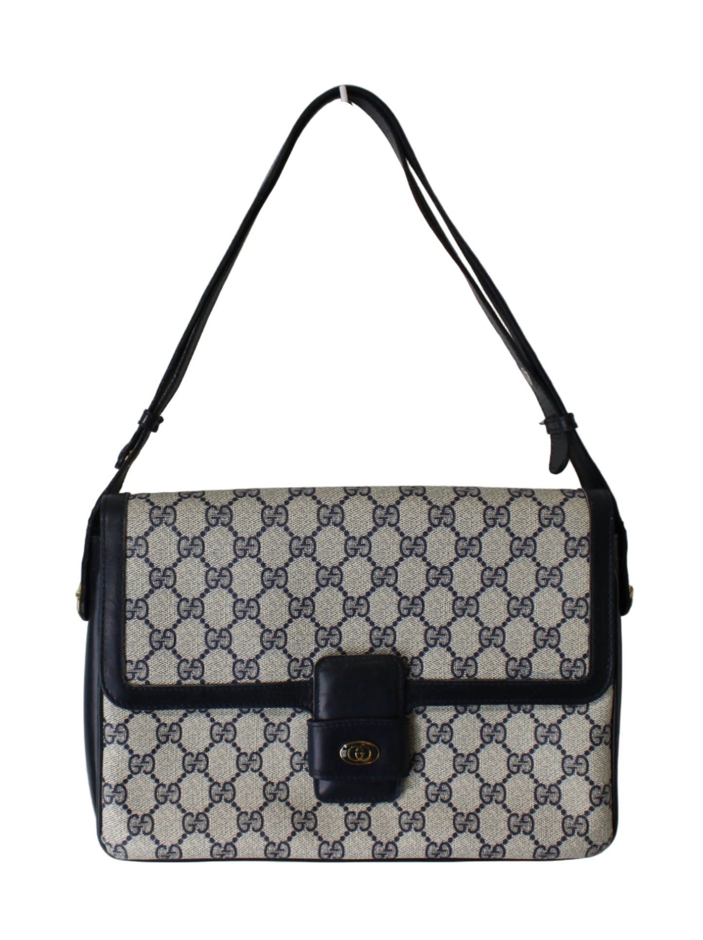 Gucci Navy GG Canvas Leather Flap Shoulder Bag