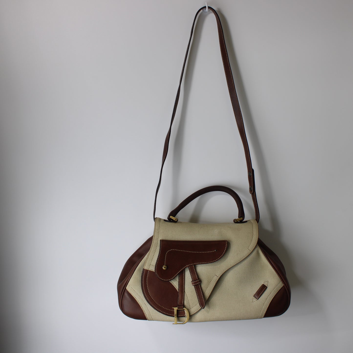Christian Dior Beige Brown Canvas Leather Double Saddle Bag