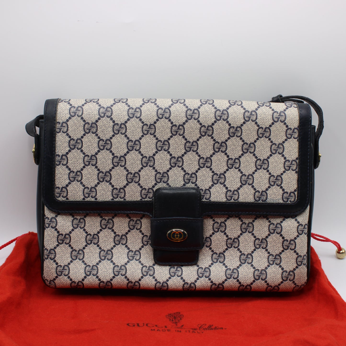 Gucci Navy GG Canvas Leather Flap Shoulder Bag