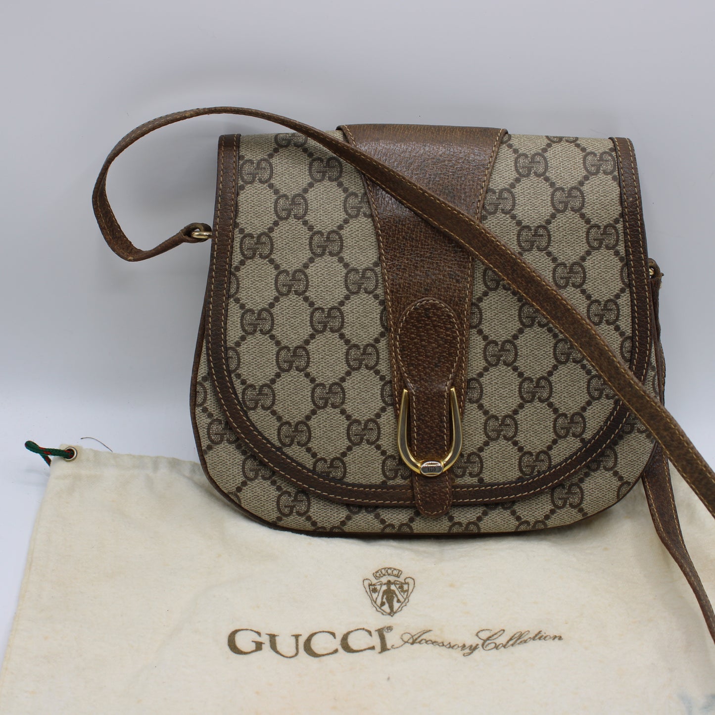 Gucci Brown GG Canvas Leather Horsebit Flap Crossbody Bag