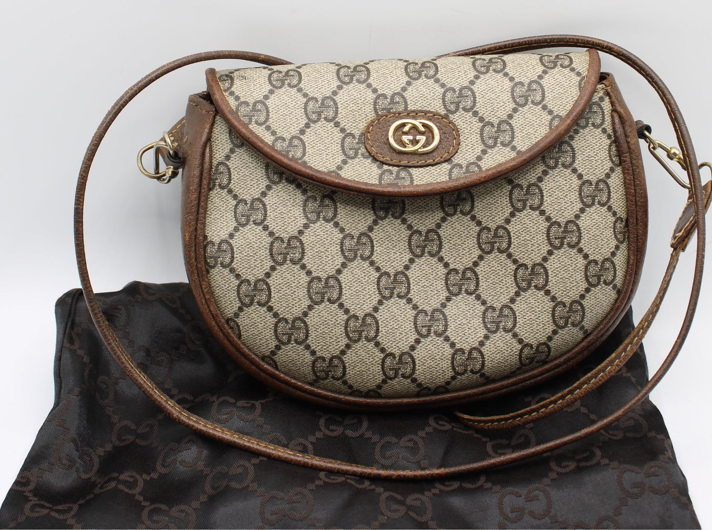Gucci Beige GG Canvas Brown Leather Flap Crossbody Bag