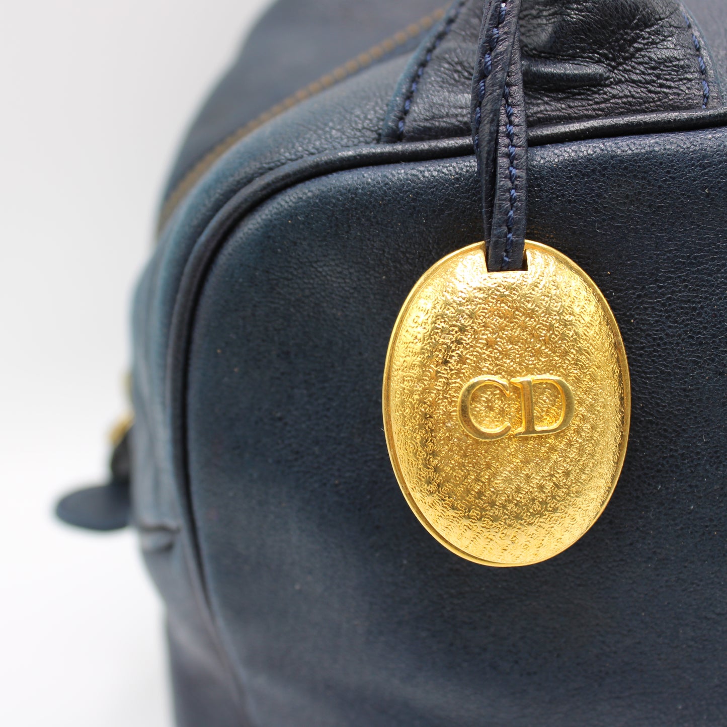 Christian Dior Navy Lambskin Leather Gold Charm Boston Bag
