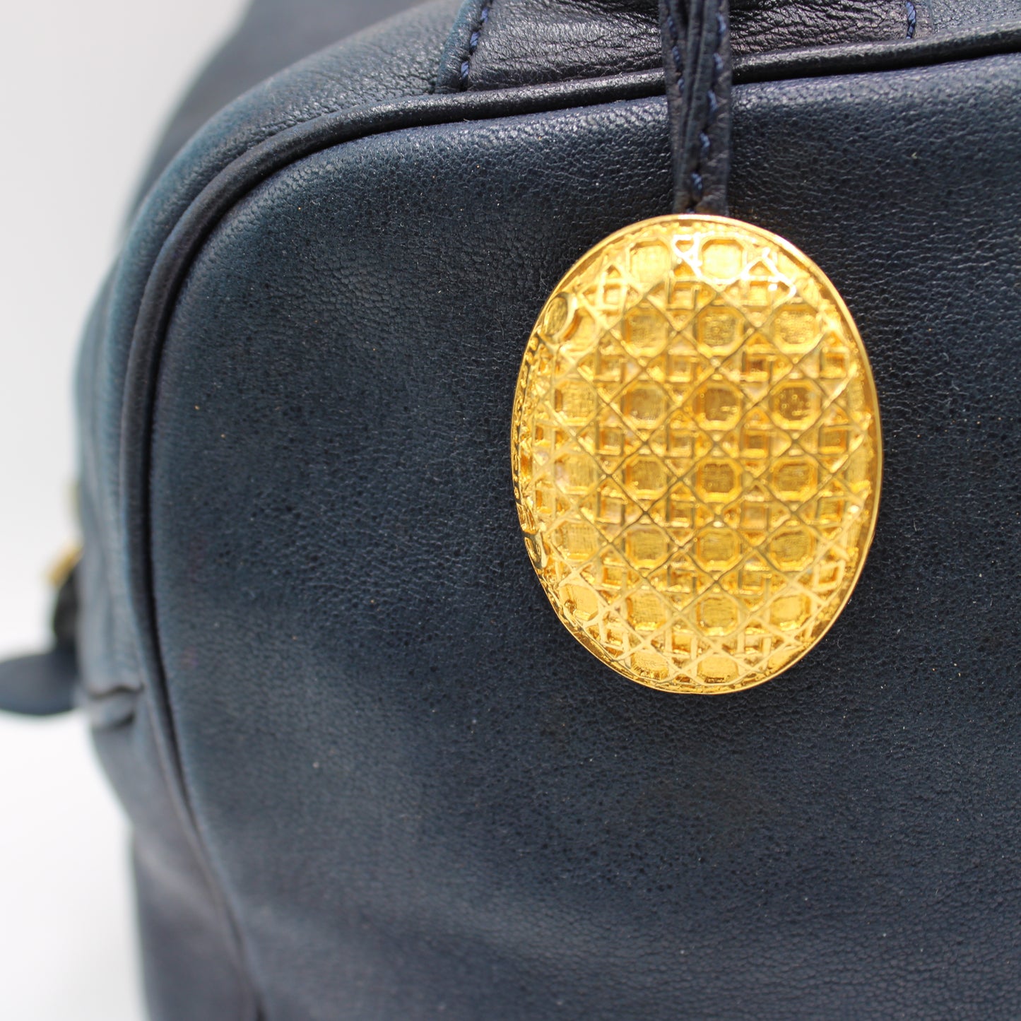 Christian Dior Navy Lambskin Leather Gold Charm Boston Bag