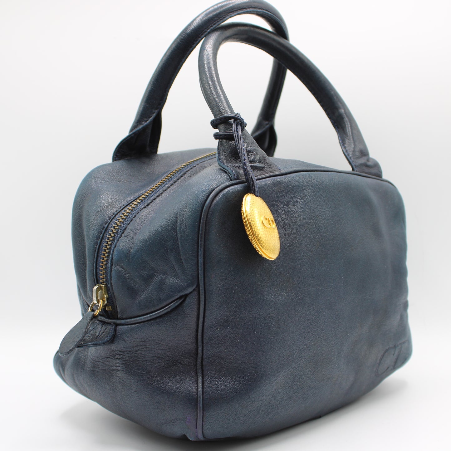 Christian Dior Navy Lambskin Leather Gold Charm Boston Bag