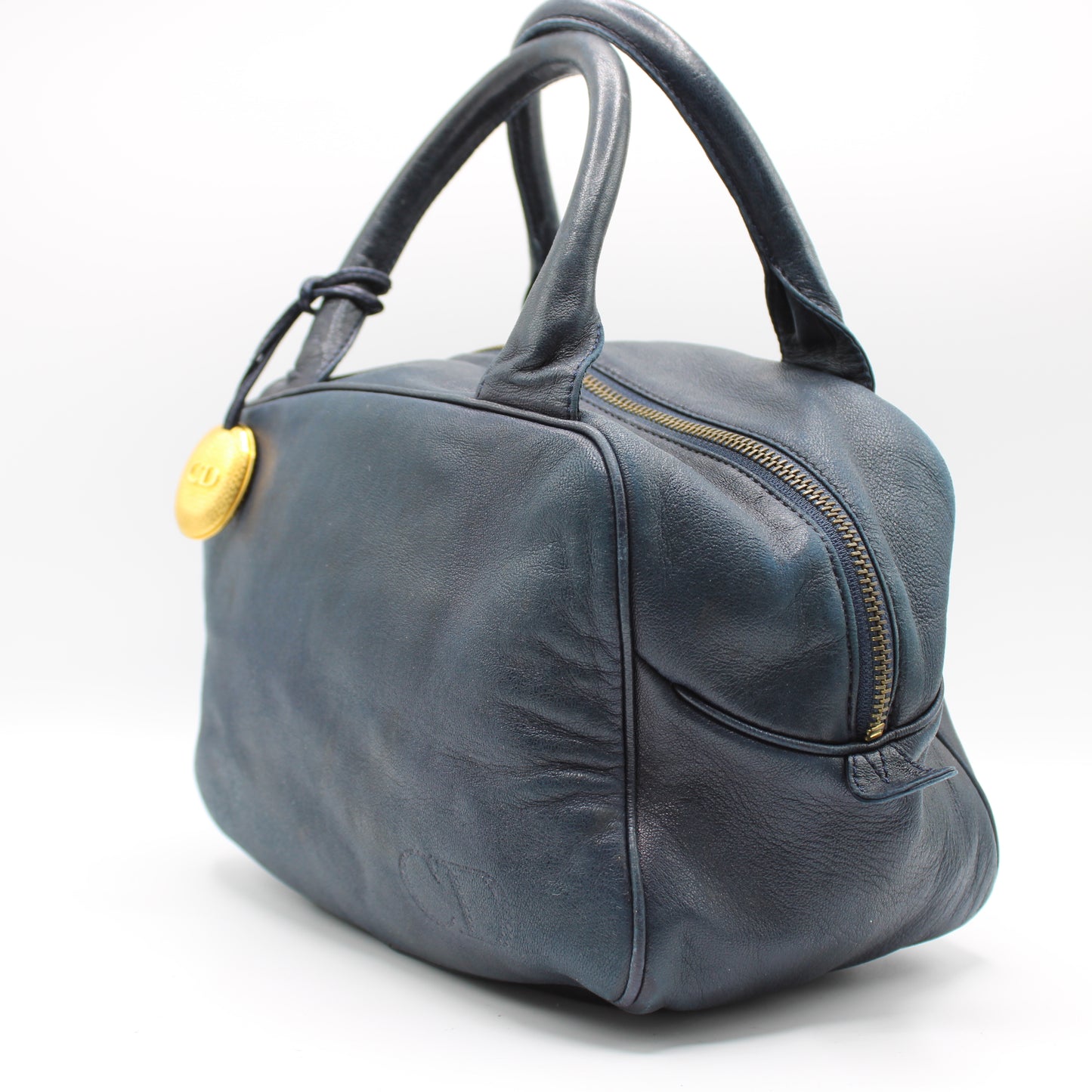 Christian Dior Navy Lambskin Leather Gold Charm Boston Bag