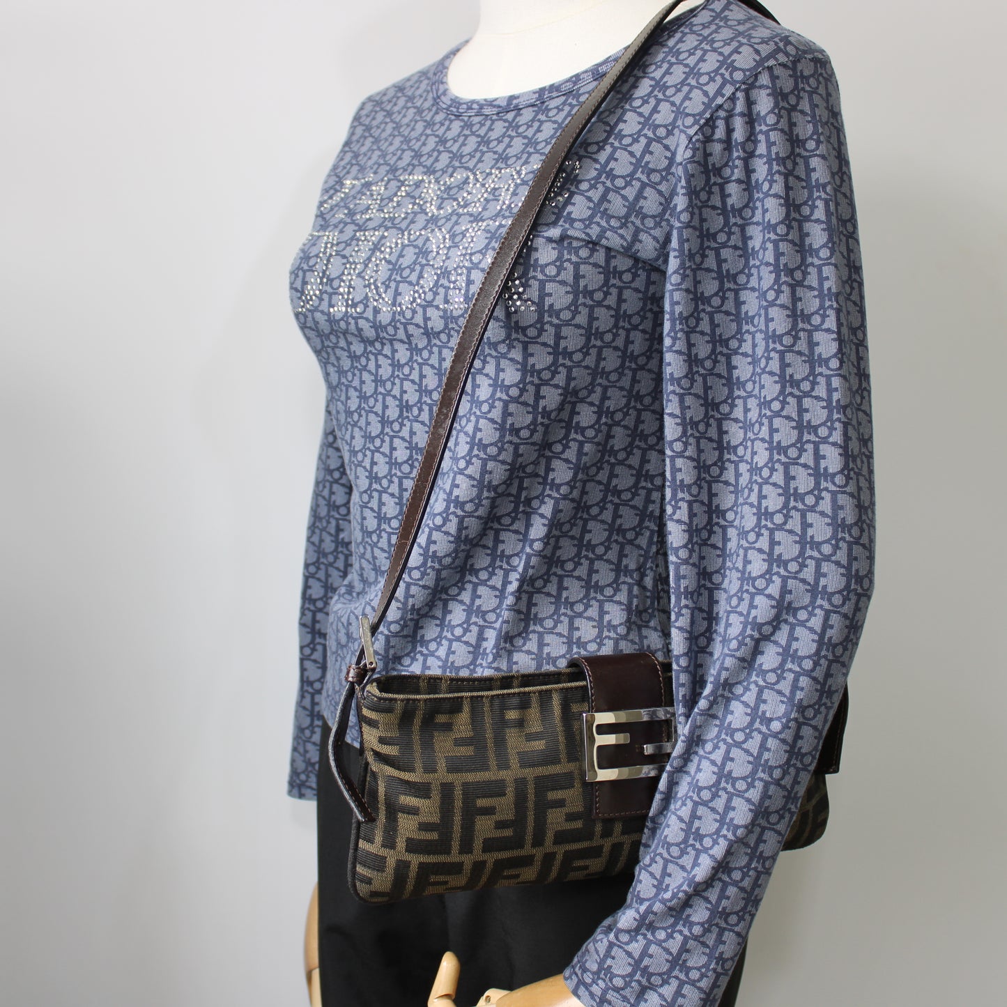 Fendi Brown Zucca Canvas Leather East West Baguette Bag