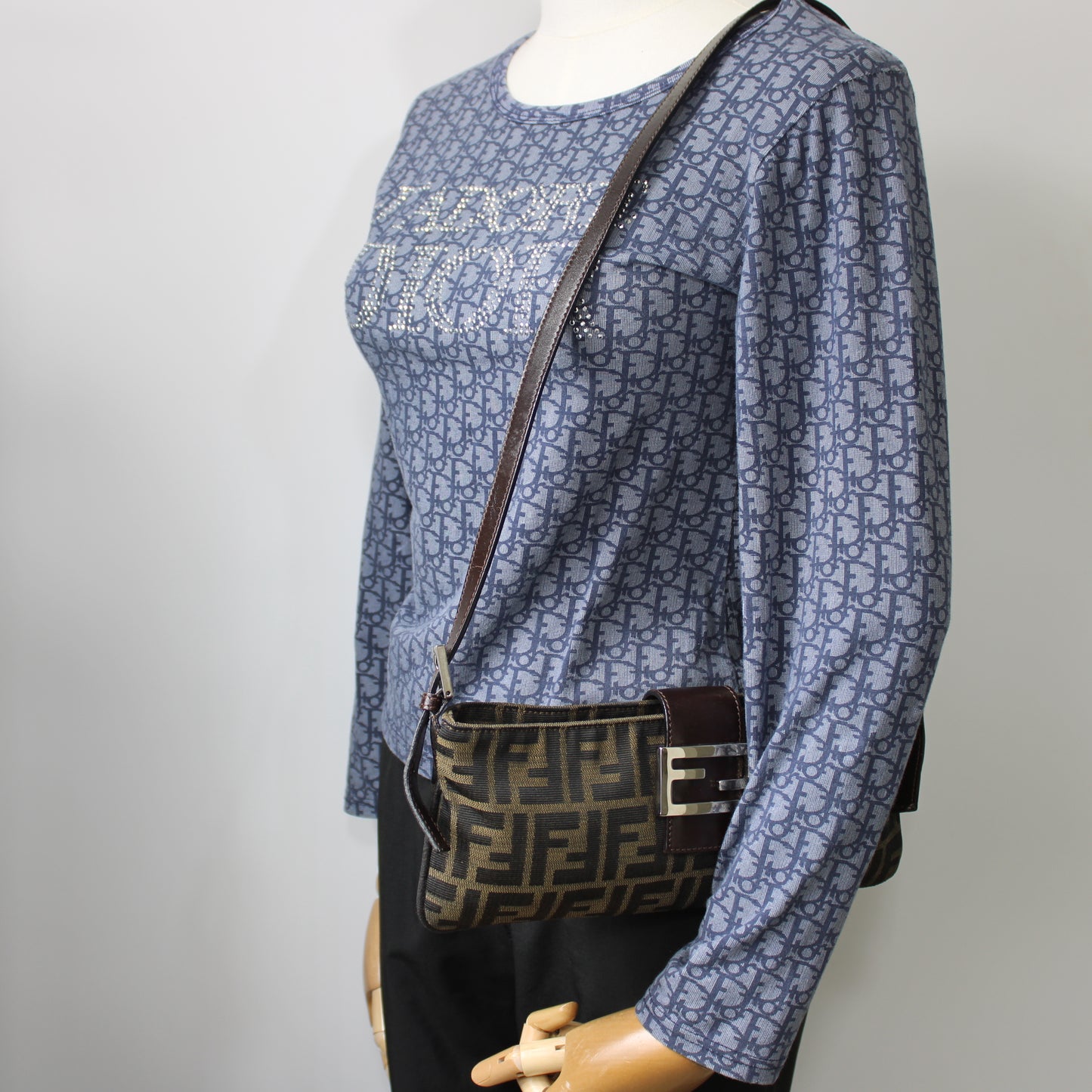 Fendi Brown Zucca Canvas Leather East West Baguette Bag